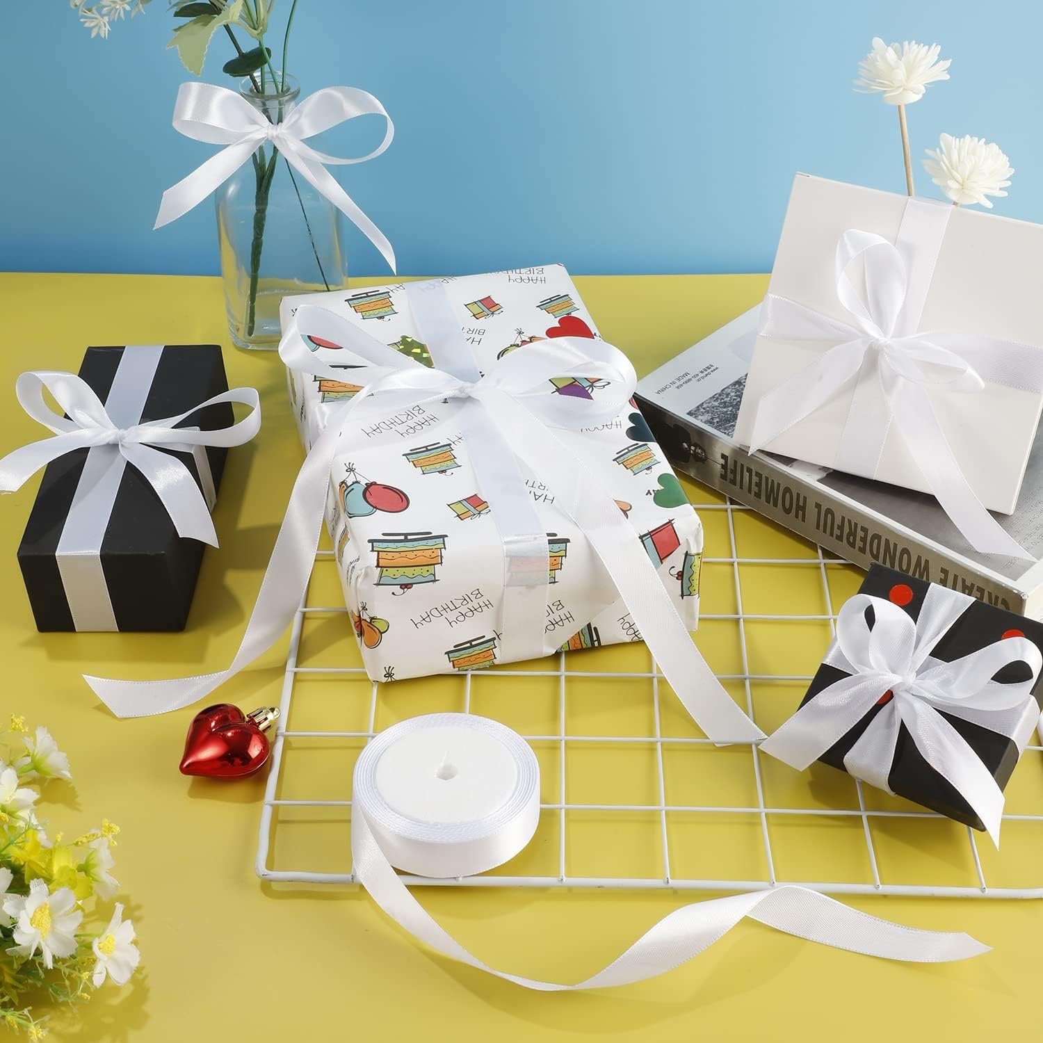 FELIXLEO Geschenkpapier Geschenkband Doppelseitig 22mx2cm Satinband Party für Hochzeit Weiß