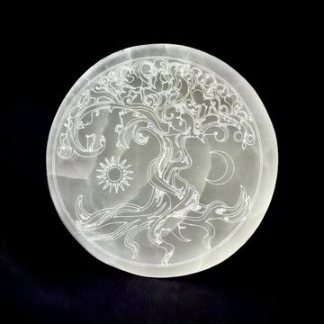 Steinfixx® Dekoteller Selenit Platte mit Gravur Yin-Yang oder Baum des Lebens (Set, 1 Platte mit Acrylständer), handgraviert und poliert
