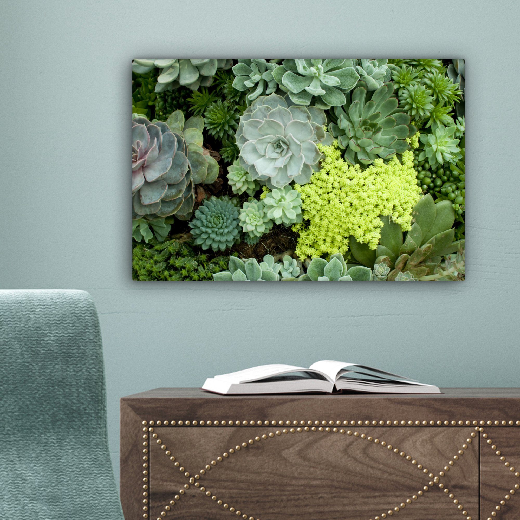cm Wanddeko, Leinwandbilder, Leinwandbild Aufhängefertig, (1 OneMillionCanvasses® St), 30x20 grünes Wandbild Ein Blumenmuster, und gelbes