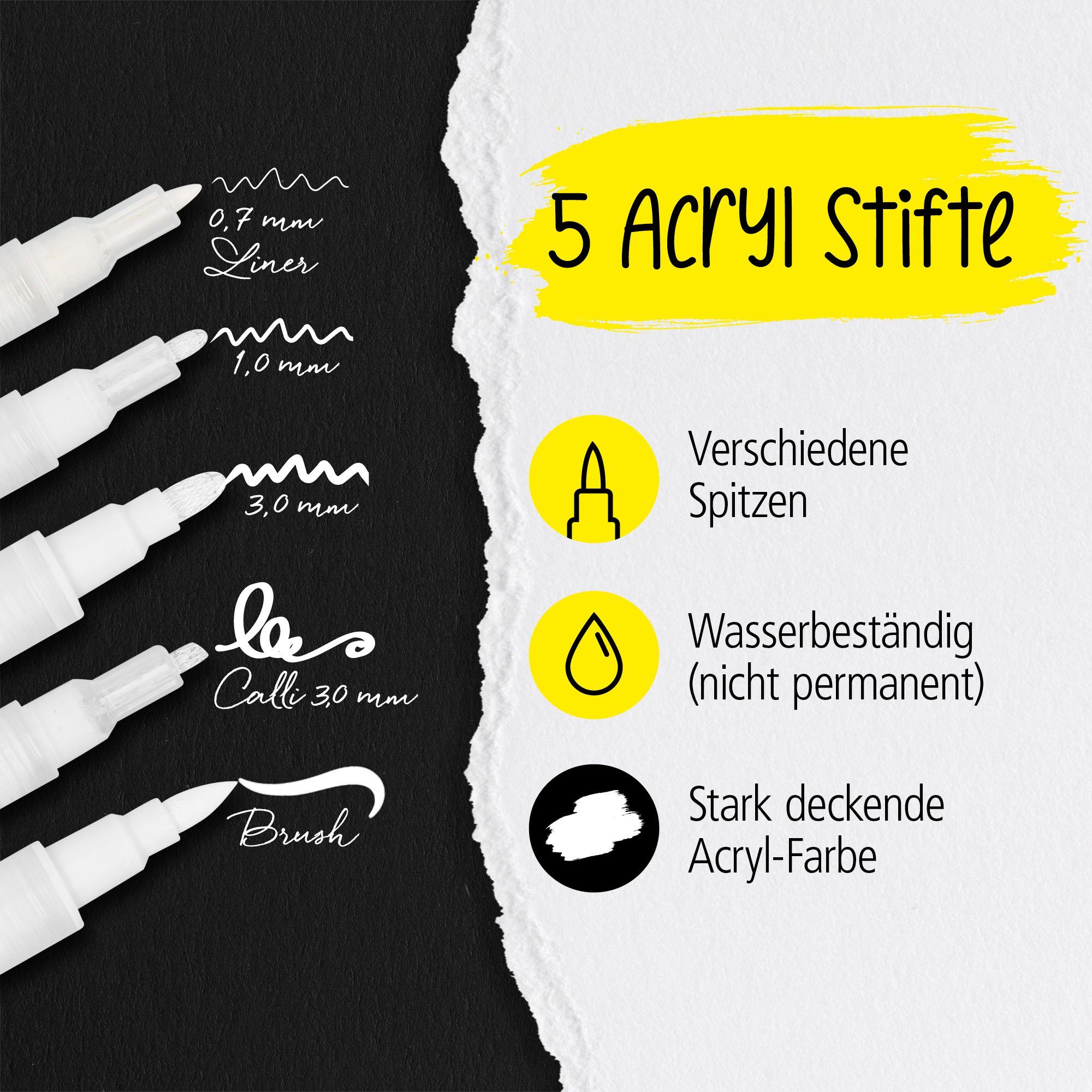 Online Pen Fineliner White Lettering, (5x weiße Acryl-Stifte, deckend, Handlettering-Stifte mit verschiedenen Spitzen), Fineliner, Brushpen, Kalligrafie-Stift