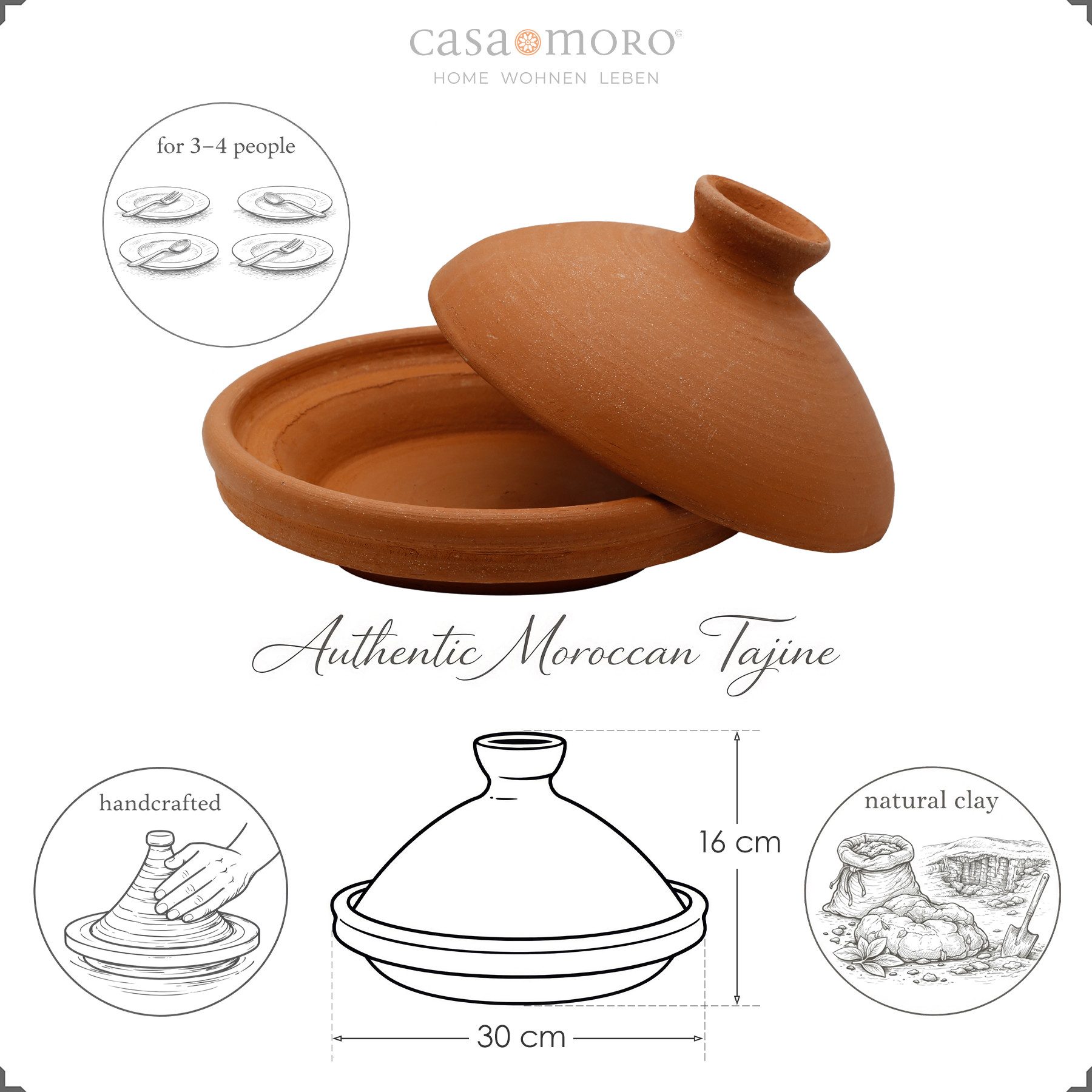 Casa Moro Schmortopf Tajine Schmortopf aus Ton 30 cm – unglasiert, Tagine für 3–4 Personen, Ton (Kochen für 3-4 Personen, handgetöpfert aus Marrakesch, 2-tlg), handgetöpfert aus naturbelassener Lehmerde (Ton)