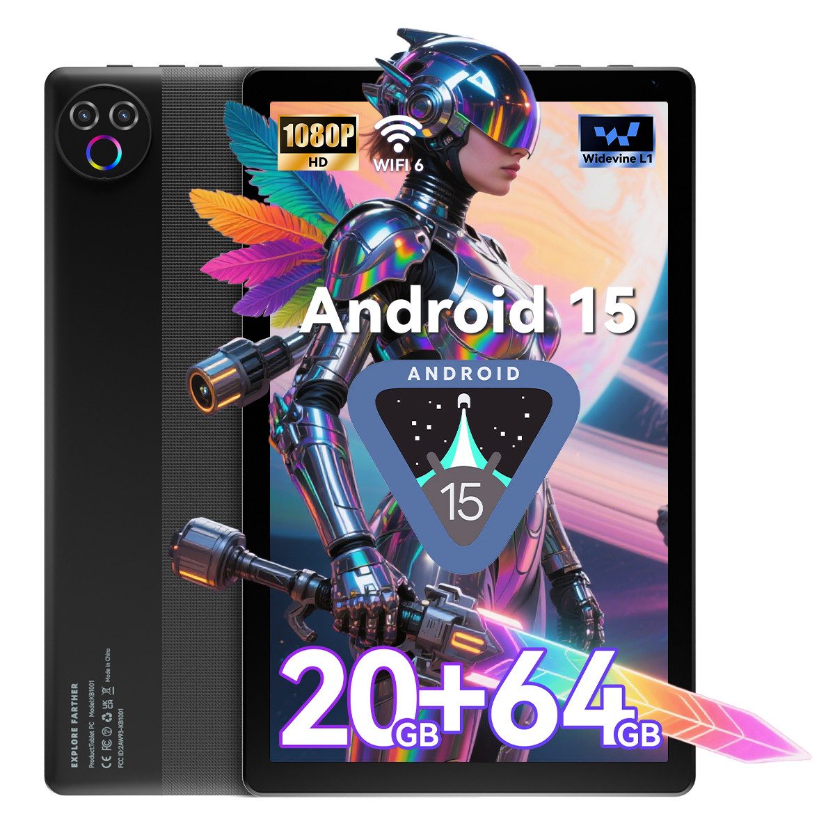 BUFO 10 Zoll 20 (3+17) GB RAM 64 GB ROM 1 TB Erweiterbar WiFi 6 Android 15 Tablet (10", 64 GB, Android 15, Dual-band (5GHz/2.4GHz) Wi-Fi, 5-Kern-Prozessor, 1280x800 HD IPS, Dual-Kamera)