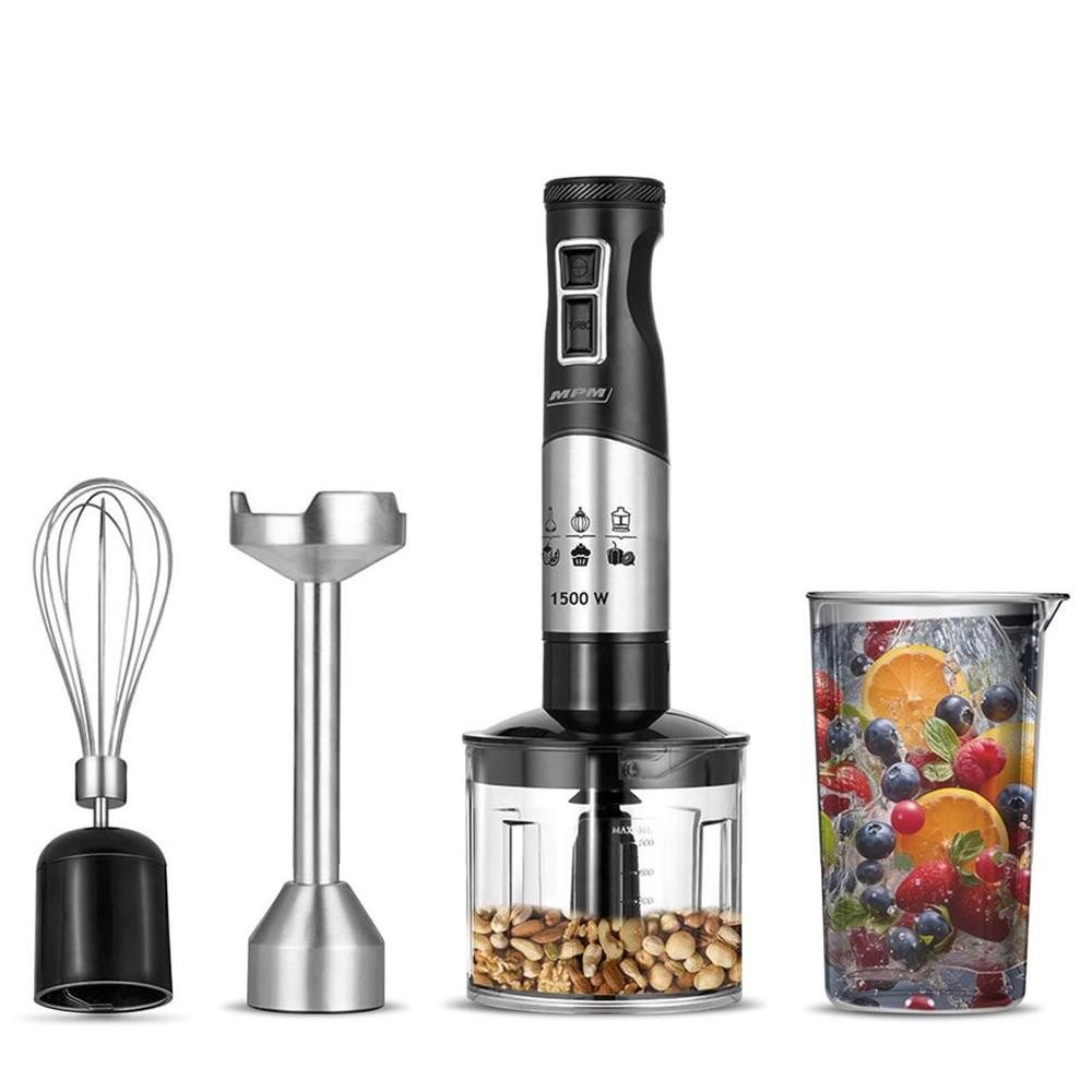 MPM Stabmixer MPM MBL-34M Stabmixer-Set 1500 W mit 9 Stufen, 9 Geschwindigkeitsstufen, Turbo-Funktion, Edelstahl-Mixfuß