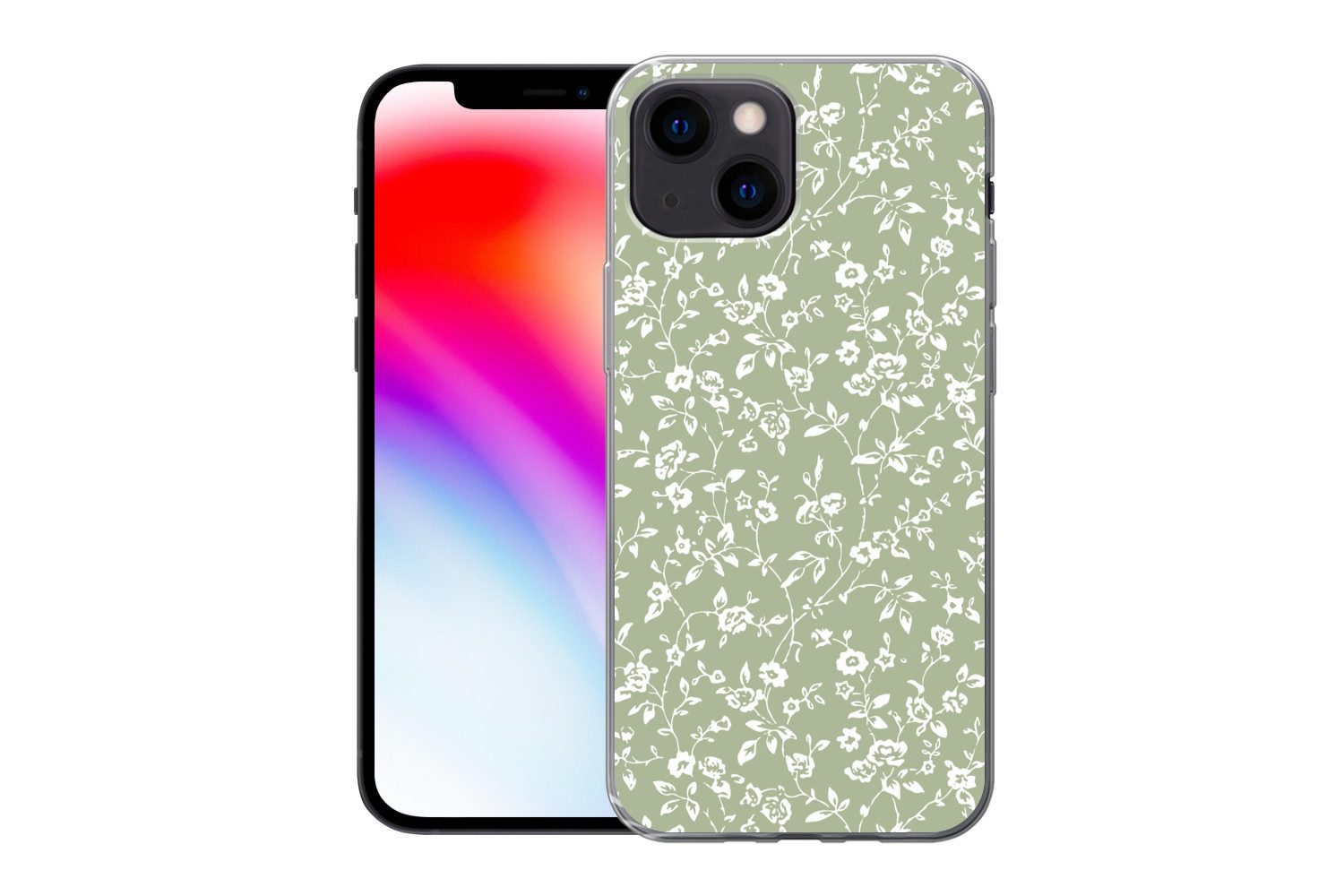 MuchoWow Handyhülle für Apple iPhone 13 mini Blumen - Druck - Grün - Weiß, Smartphone-Bumper, Print, Handy Schutzhülle Dünn