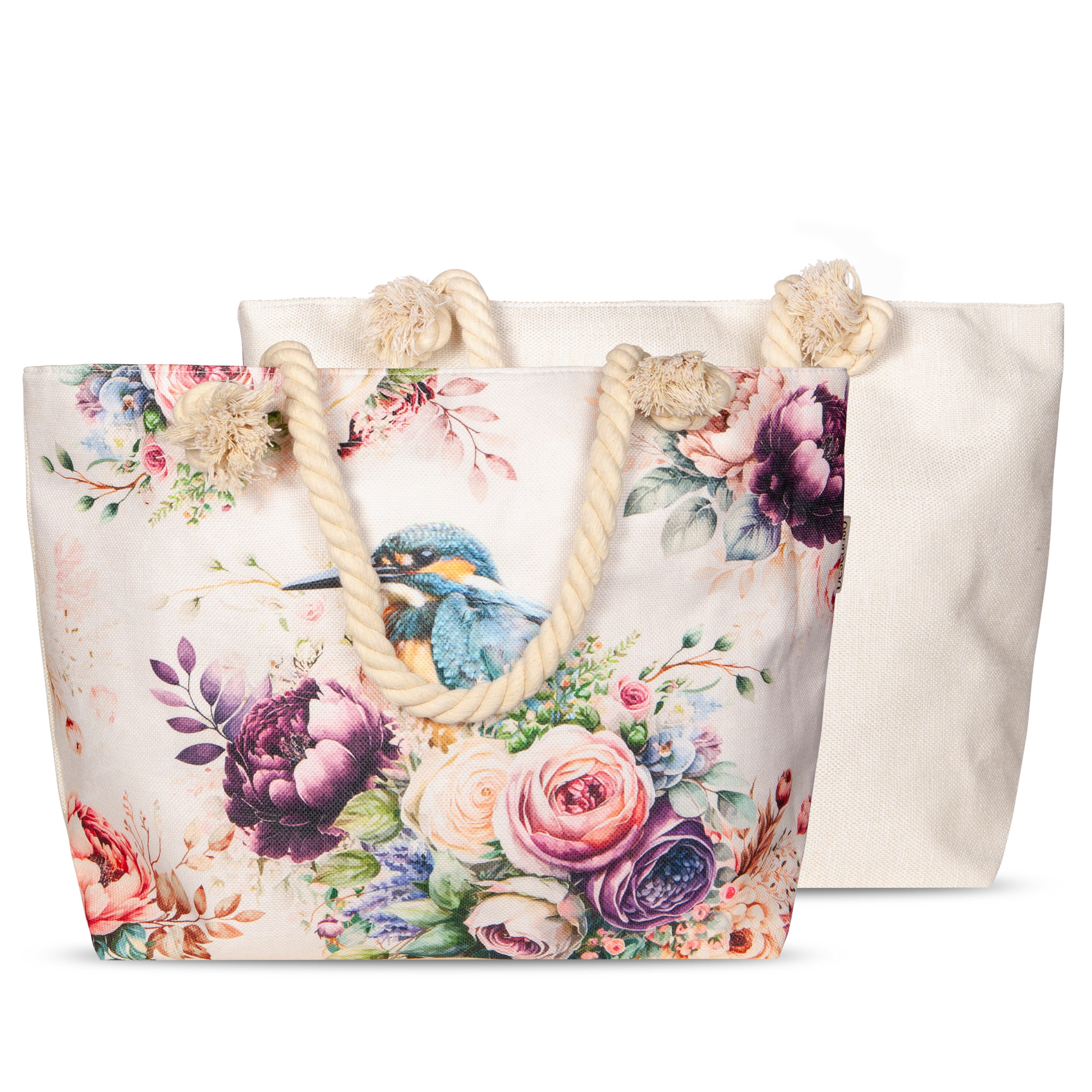 Descanso Freizeittasche Tasche 43x60 cm Gewebtes Polyester Verde Blumen und Vögel natur (Spar-Set, 1-tlg., Set), 1 x Tasche Descanso 43x60 cm natur