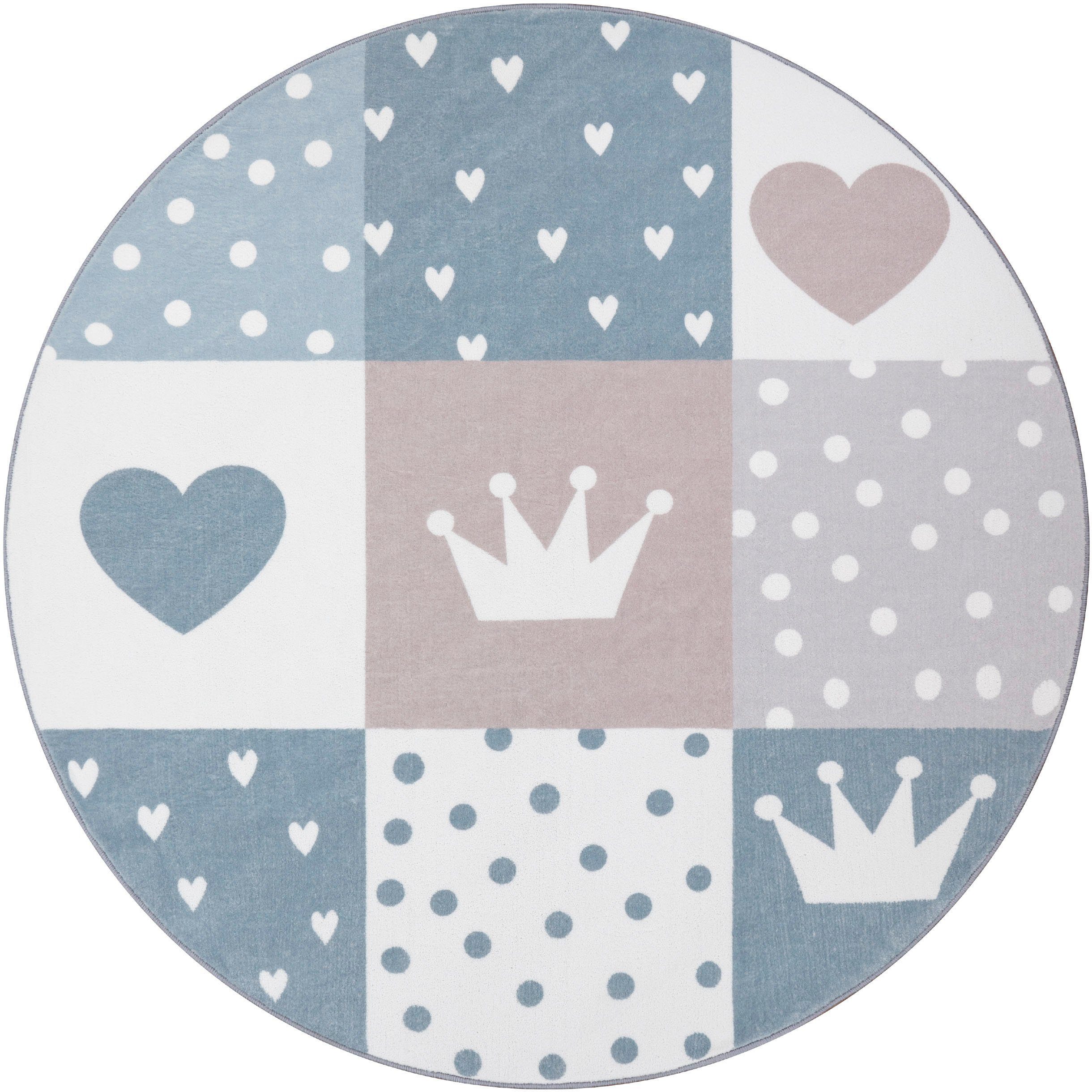 Paco Home Kinderteppich Eliz 391, rund, Höhe: 12 mm, Kurzflor, Spielteppich, Patchwork-Muster, Motiv Krone, Herz & Punkte