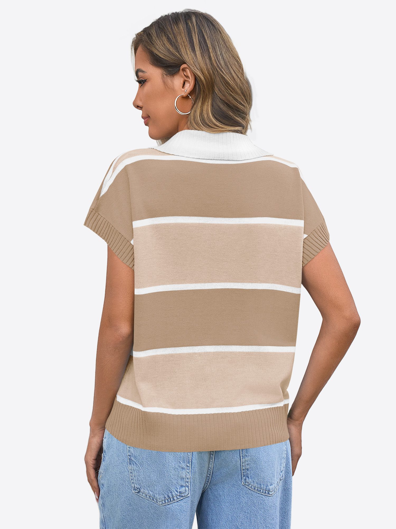 Imily Bela Kurzarmpullover Damen Gestreifter Kurzarm Strickpullover mit Knopfleiste (Packung, 1-tlg., 1per-Pack) mit V-Ausschnitt