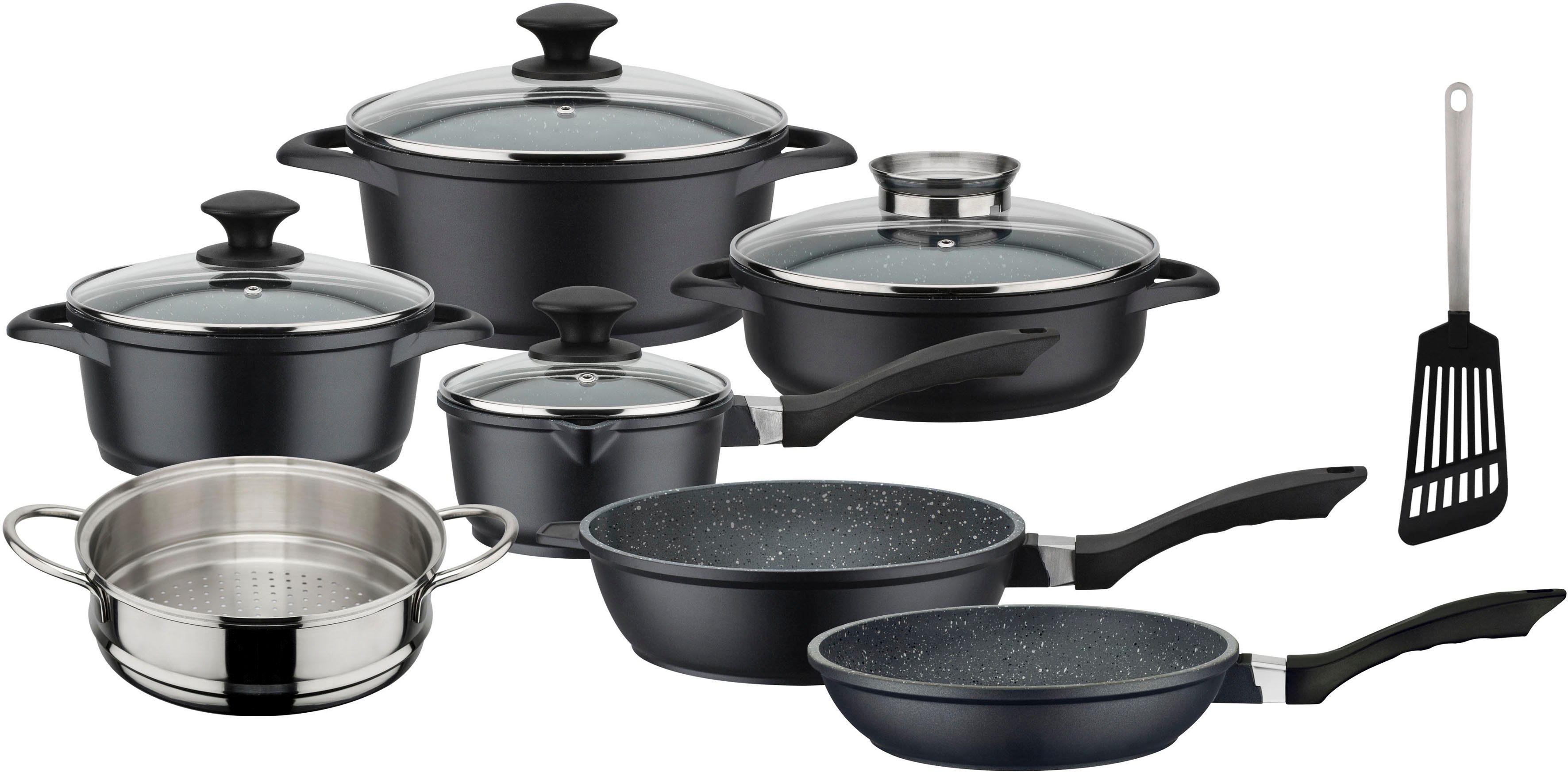 GSW Topf-Set Gourmet Granit, Aluminiumguss (Set, 12-tlg., Kochtopf 20/24, Stieltopf 16, Pfanne 20/24, Bräter, Dampfeinsatz), Induktion