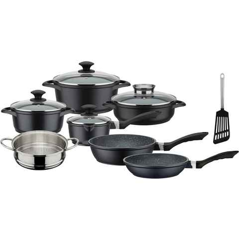 GSW Topf-Set Gourmet Granit, Aluminiumguss (Set, 12-tlg., Kochtopf 20/24, Stieltopf 16, Pfanne 20/24, Bräter, Dampfeinsatz), Induktion