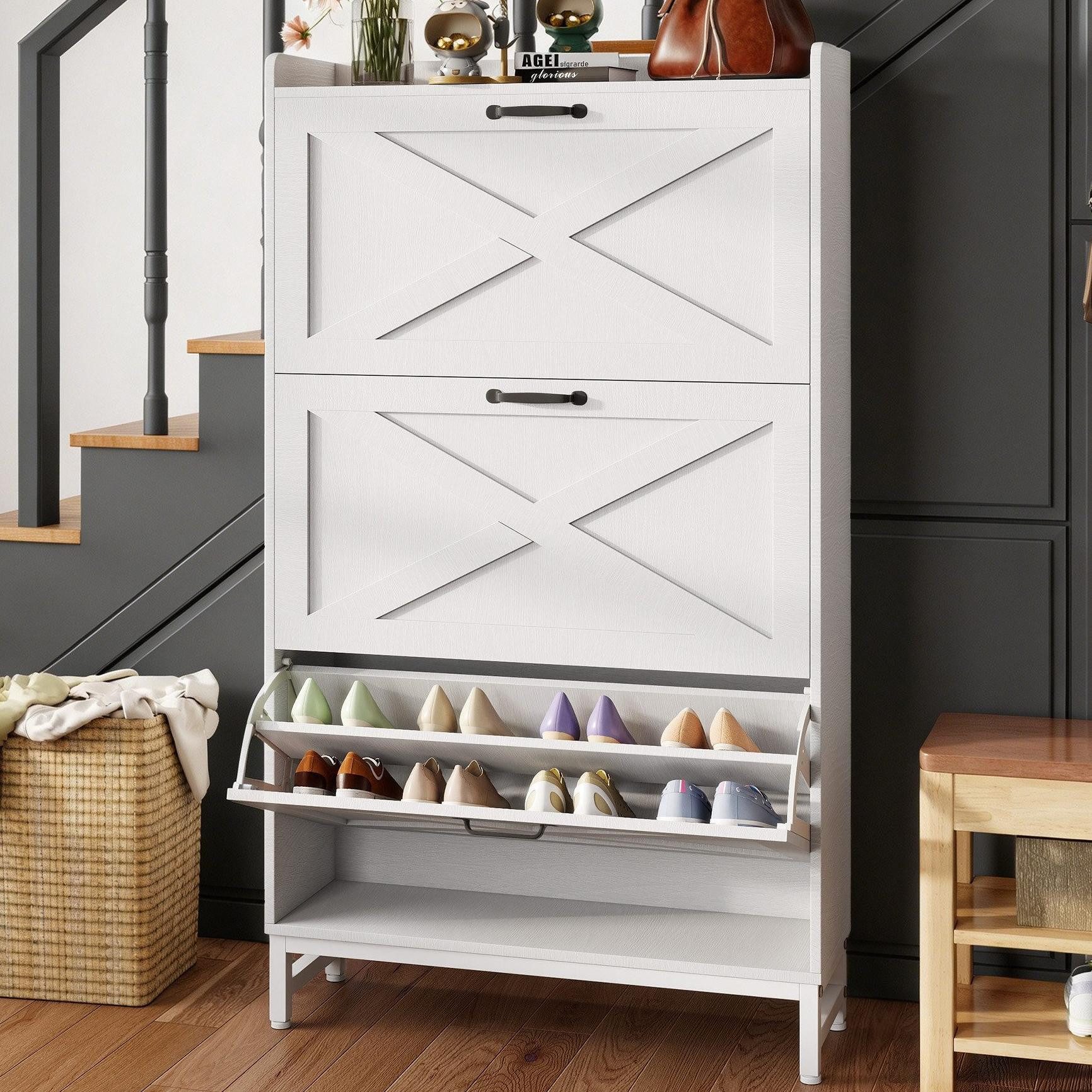 HawthyHome Schuhschrank 80x24x138 cm, hoch mit 3 Klappen für 18–24 Paar Schuhe (1-St) Schmaler Schuhkipper mit verstellbaren Trennwänden