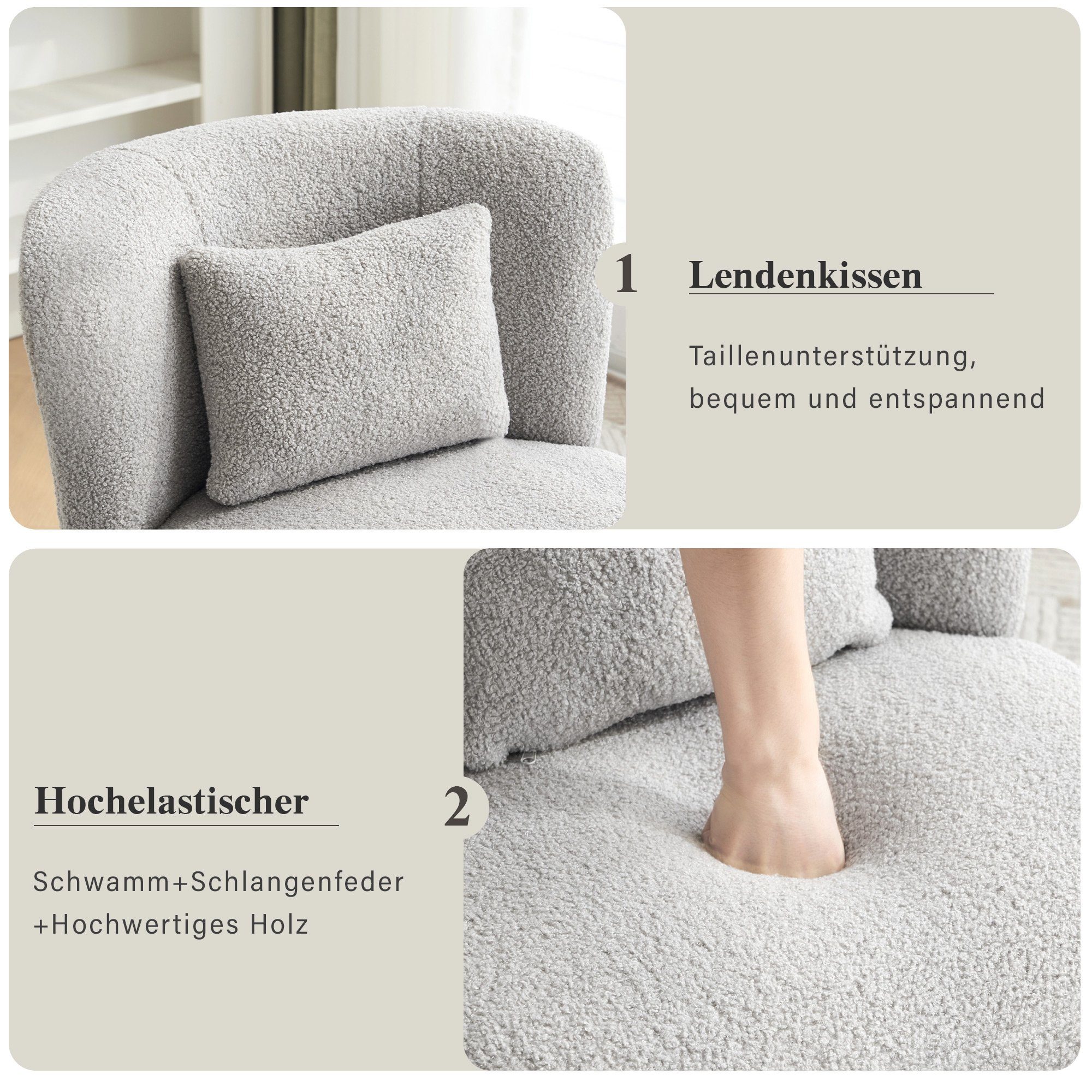 Drehsessel Drehfunktion, Merax Grau Metall-und Einzelsessel Polstersessel, Zierkissen Teddysamt, Holzrahmen, mit 360° und mit Loungesessel