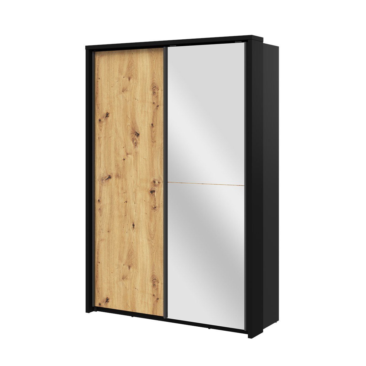 Schwebetürenschrank Kleiderschrank artisan/schwarz mit zweitürig, Moderner Spiegel, Compleo eiche