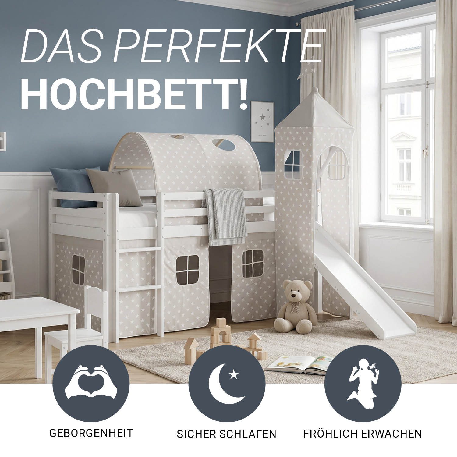 Homestyle4u Hochbett 90x200 cm Weiß mit Vorhang Sterne Grau für 1 Kind Holz Massiv Kiefer (Set, mit Rutsche Turm Tunnel, Spielbett) mit Rausfallschutz, ohne Lattenrost, Jungen Mädchen