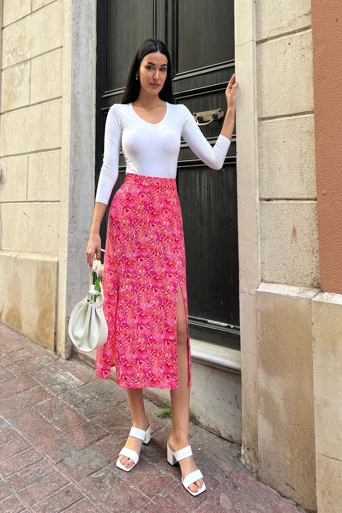 For You Moda Midirock Natürliche Viskose Doppel-Schlitz Fuchsia Rock günstig online kaufen