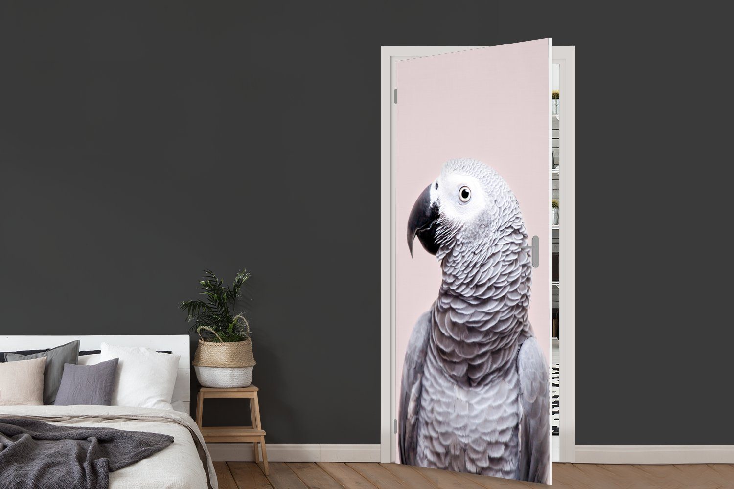 MuchoWow Türtapete Papagei Türaufkleber, St), Tür, Grau cm Tiere Fototapete - bedruckt, (1 Matt, 75x205 für - Natur, 