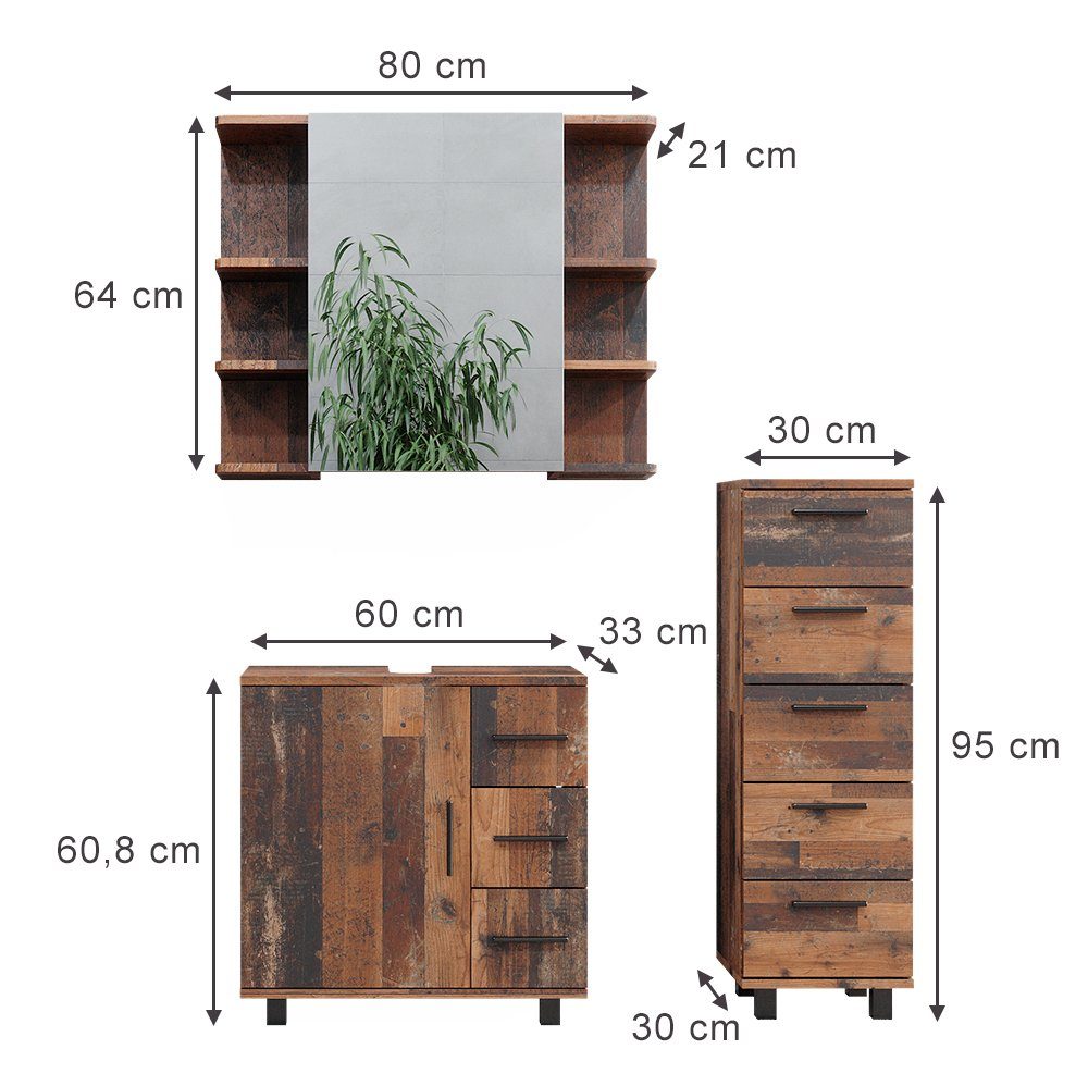 Vicco Badmöbel-Set Ilias, Eiche rustikal, 3 Teile, mit Midischrank, (3-St., 3er Set)