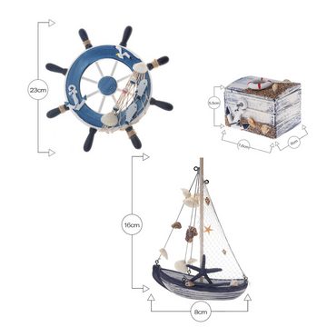 Flanacom Badaccessoires-Sets Maritime Badezimmer Deko - Holz Decor Accessoires, 3er Set, Steuer-Rad, Segel-Schiff und Schatz-Truhe