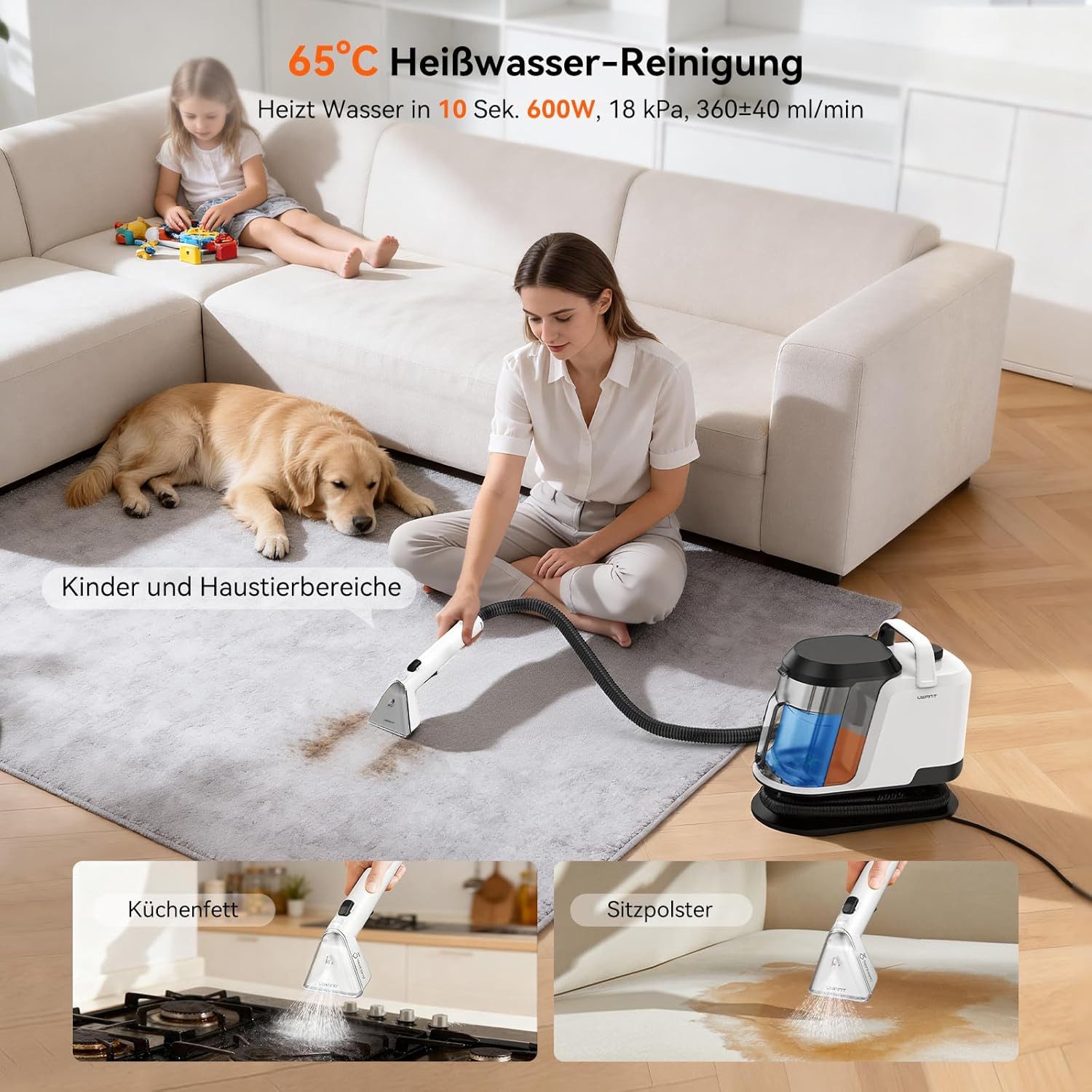 UWANT Teppichreinigungsgerät Uwant Y100 Steam 3-in-1 Teppichreinigungsgerät 18000PA, 1750 W, beutellos, 100°C Dampf, 65°C HeiBwasser, Kaltwasser-Funktion, Selbstreinigung