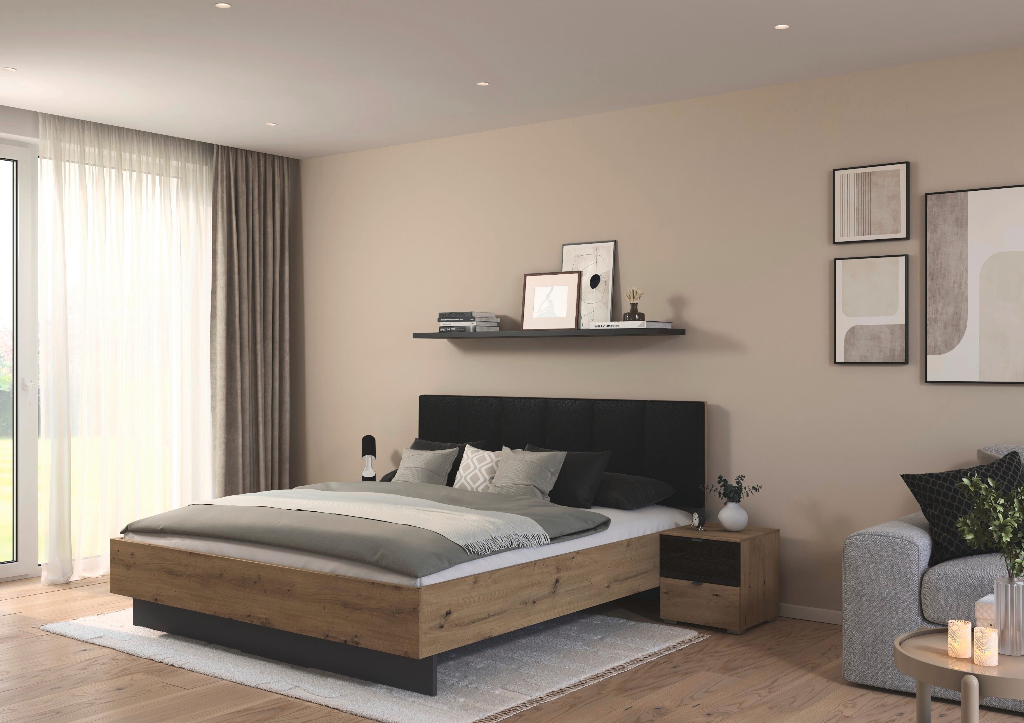 rauch Bettanlage Bett Doppelbett Komfortbett Funktionsbett APOLLON, (3-tlg., Liegefläche 180x200, optional mit Bettbank und Stauraum), Polster-Kopfteil in Lederoptik black, 2x Nachttische MADE IN GERMANY
