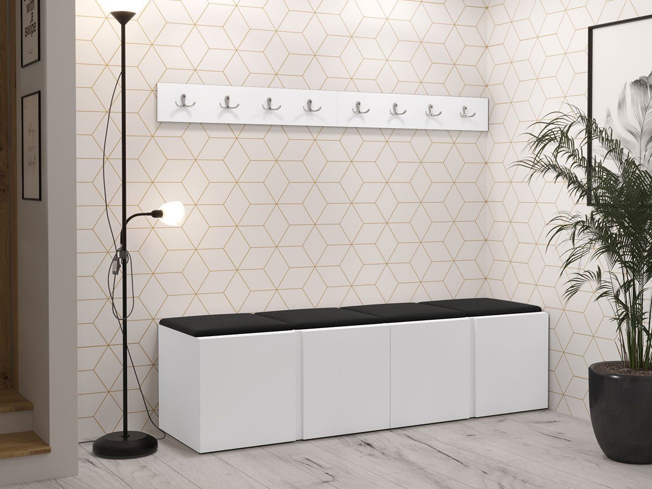 MIRJAN24 Garderoben-Set Orion VII, (Komplett-Set, 2x Schuhschrank, 2x Kleiderhakenbrett, Gepolstertes Paneel 4x 42x42), Auswahl aus Fronten und Polsterplatten