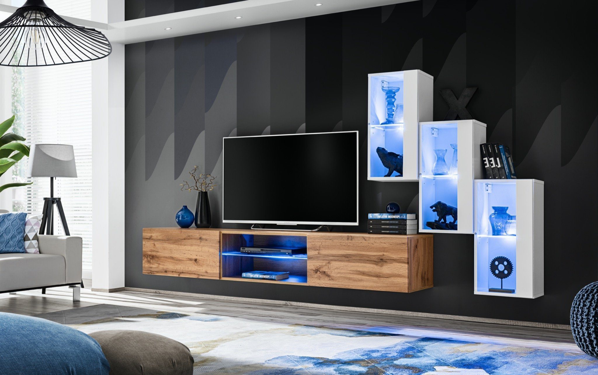 Xlmoebel Wohnwand Lounge TV-Möbel Vitrine in zeitgemäßem Design aus Holz, (4-St., TV Ständer + 3x Hänge Vitrine), Hergestellt in Europa