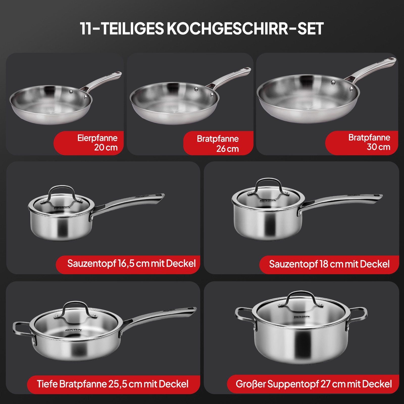 VINGLI Pfannen-Set Pfannenset Edelstahl, Bratpfannen, PTFE frei, (11-tlg., 3 Pfannen 4 Töpfe mit 4 Glasdeckeln), für alle Herdarten, Spülmaschinenfest – Bild 2 von 5