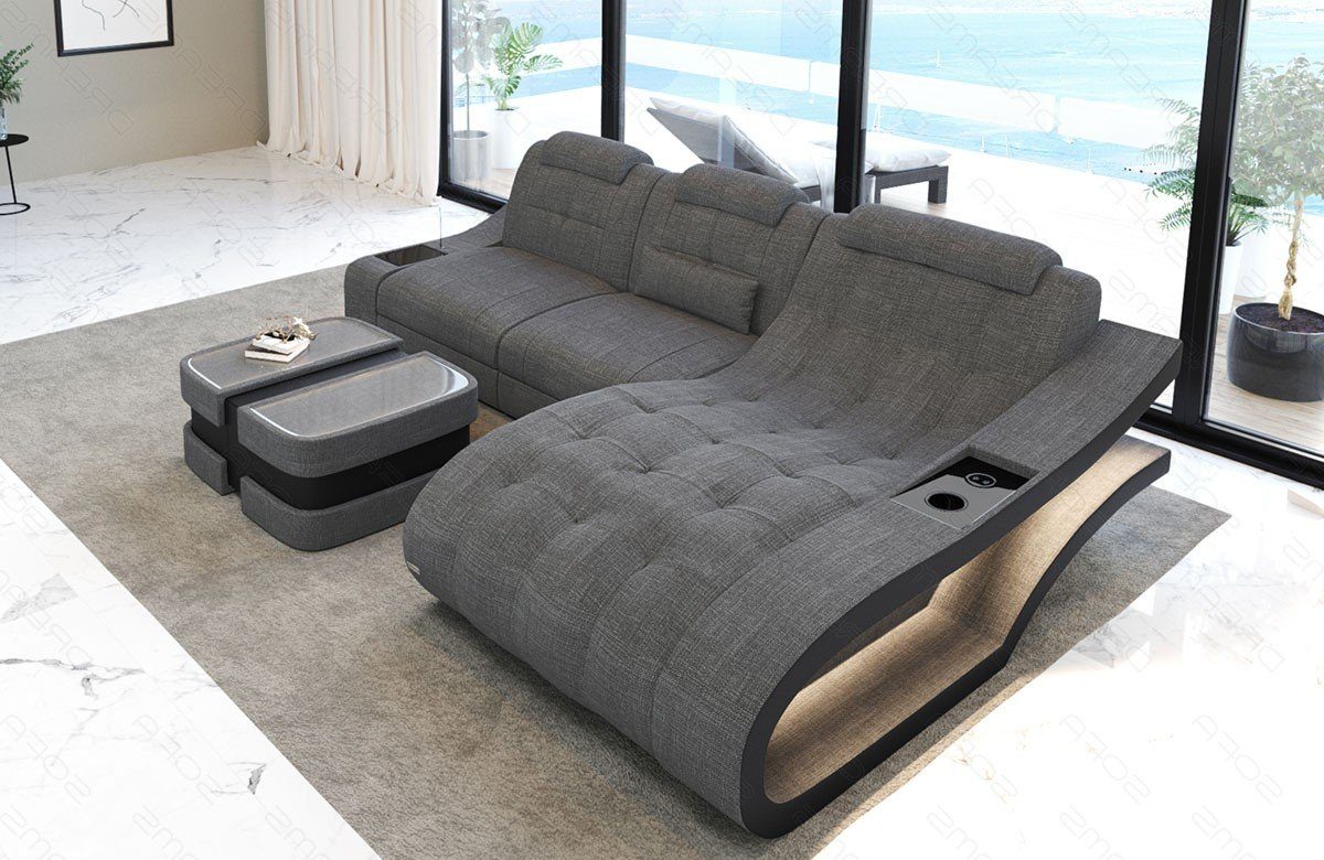 Sofa Dreams Ecksofa Polster Stoff Sofa Elegante H - L Form Stoffsofa Couch, mit LED, wahlweise mit Bettfunktion H5grau-schwarz