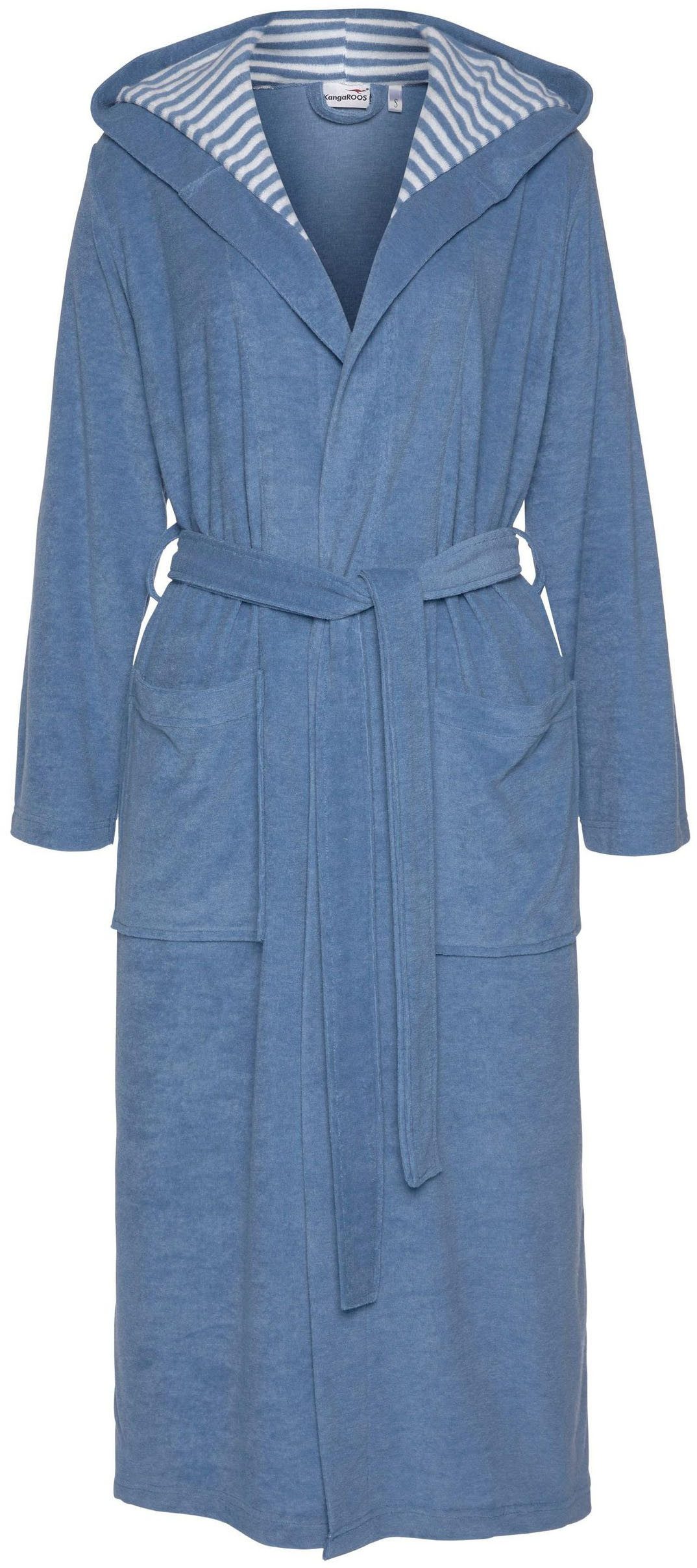KangaROOS Damenbademantel Dalia, ideal für Sauna & Spa, Standardlänge & Überlänge, Langform, Leichtfrottier, Kapuze, Gürtel, Uni-Farben mit Streifen, Taschen, leicht, XS-3XL, auch in extra lang