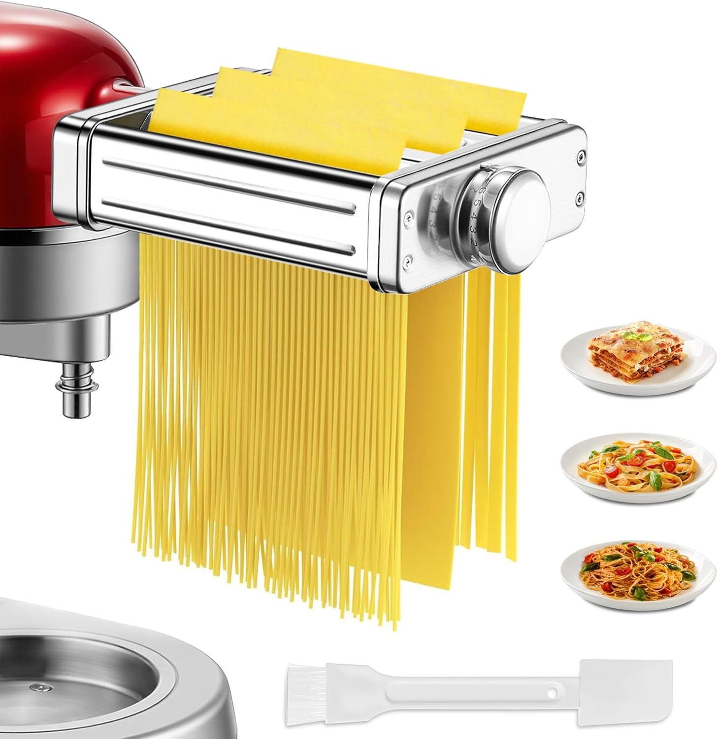 FOHERE Nudelmaschine 3-in-1-Nudelaufsatz für KitchenAid Küchenmaschine, Edelstahl, Breite Nudeln, dünne Nudeln, Nudelpresse