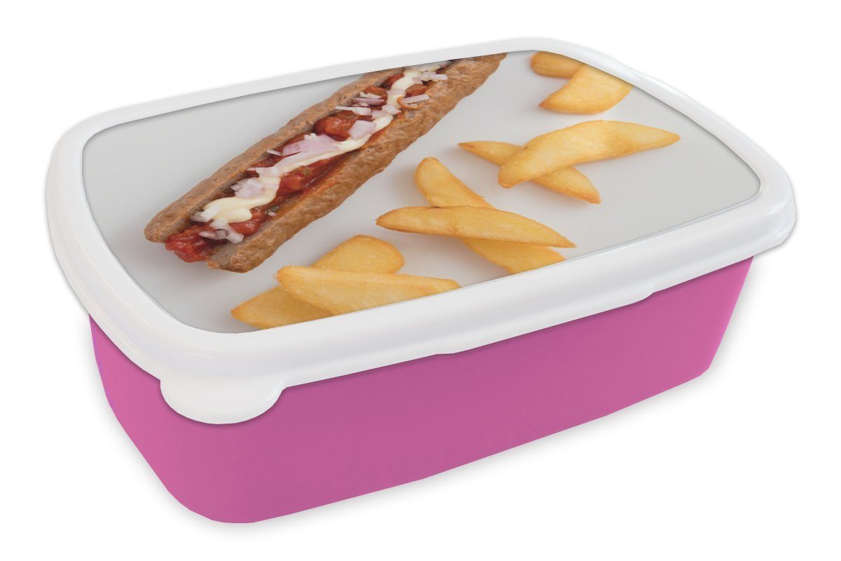 MuchoWow Lunchbox Gesegnete Frikandelspezialität einem Kunststoff rosa auf für mit Mädchen, Pommes Kinder, Brotdose (2-tlg), Erwachsene, Snackbox, weißen, Kunststoff, frites Brotbox