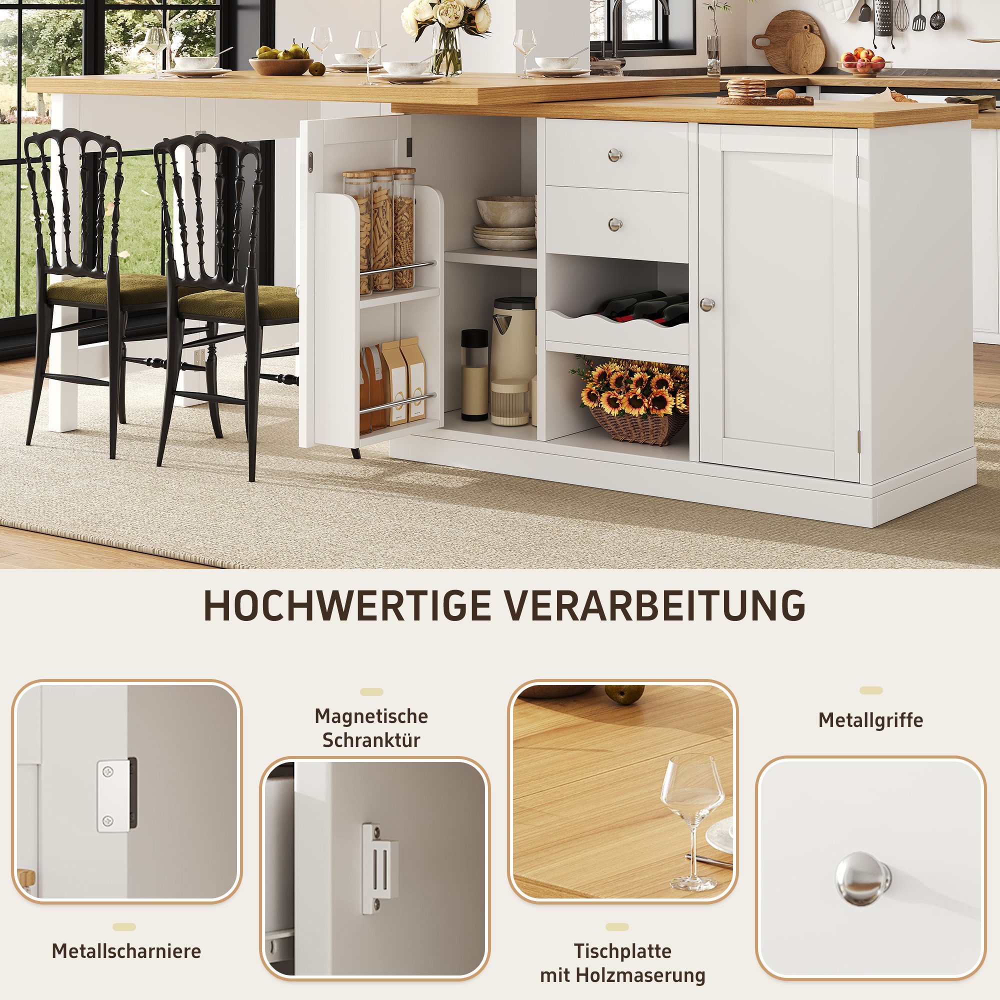 Celya Kücheninsel Ausziehbarer Esstisch 120-197cm, mit Weinregal und Snack-Regalen, (360° drehbar, mit 2 Schubladen und magnetische Türen), Ideal für Esszimmer, belastbar bis 60kg