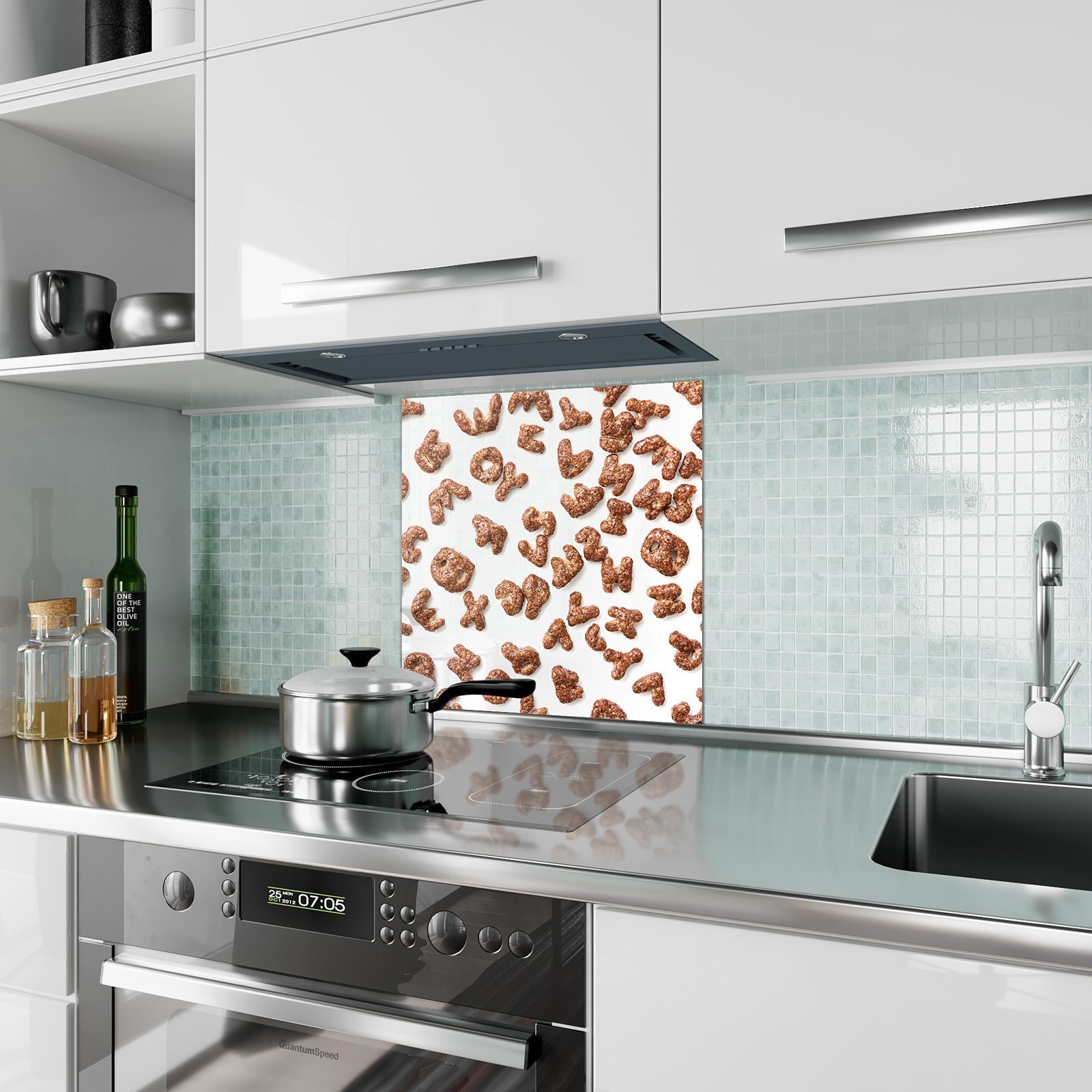 Buchstaben Küchenrückwand Motiv Glas Schokolade Spritzschutz aus Küchenrückwand Primedeco mit