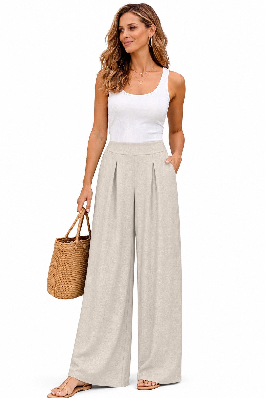 SUBLEVEL Chinos Damen Luftige Sommerhose Freizeit Weit geschnitten Stoff Palazzo-Hose