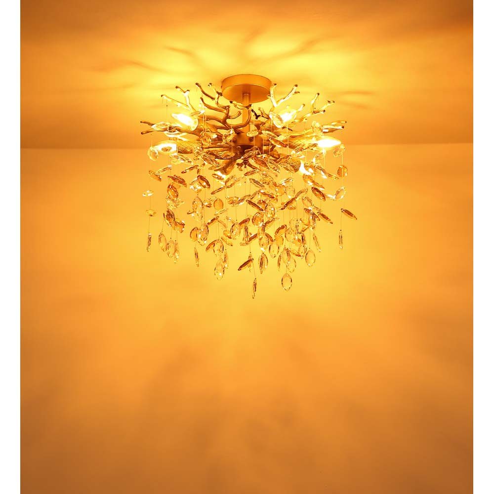 GLOBO LIGHTING Deckenleuchte, Leuchtmittel nicht inklusive, Deckenleuchte Metall goldfarben matt mit Glaskristallen amber H 56cm