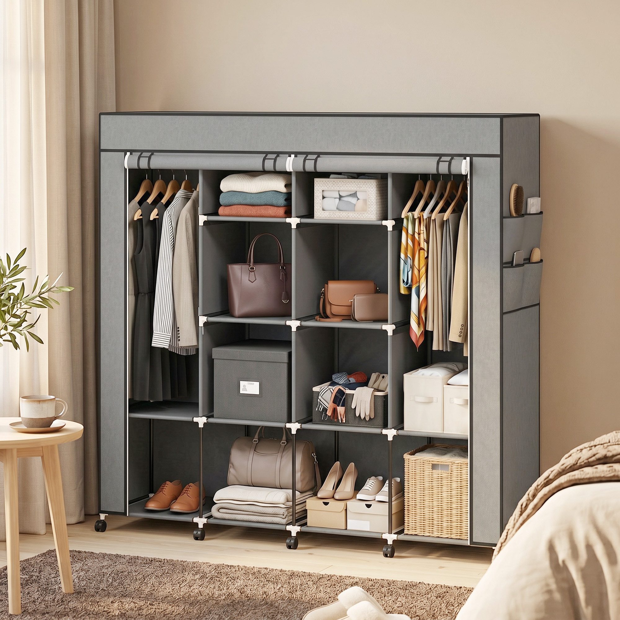 HOMCOM Stoffschrank Kleiderschrank (Kleiderstangen, 1-St., Stoffschrank) Dunkelgrau, 166 x 42,5 x 167 cm
