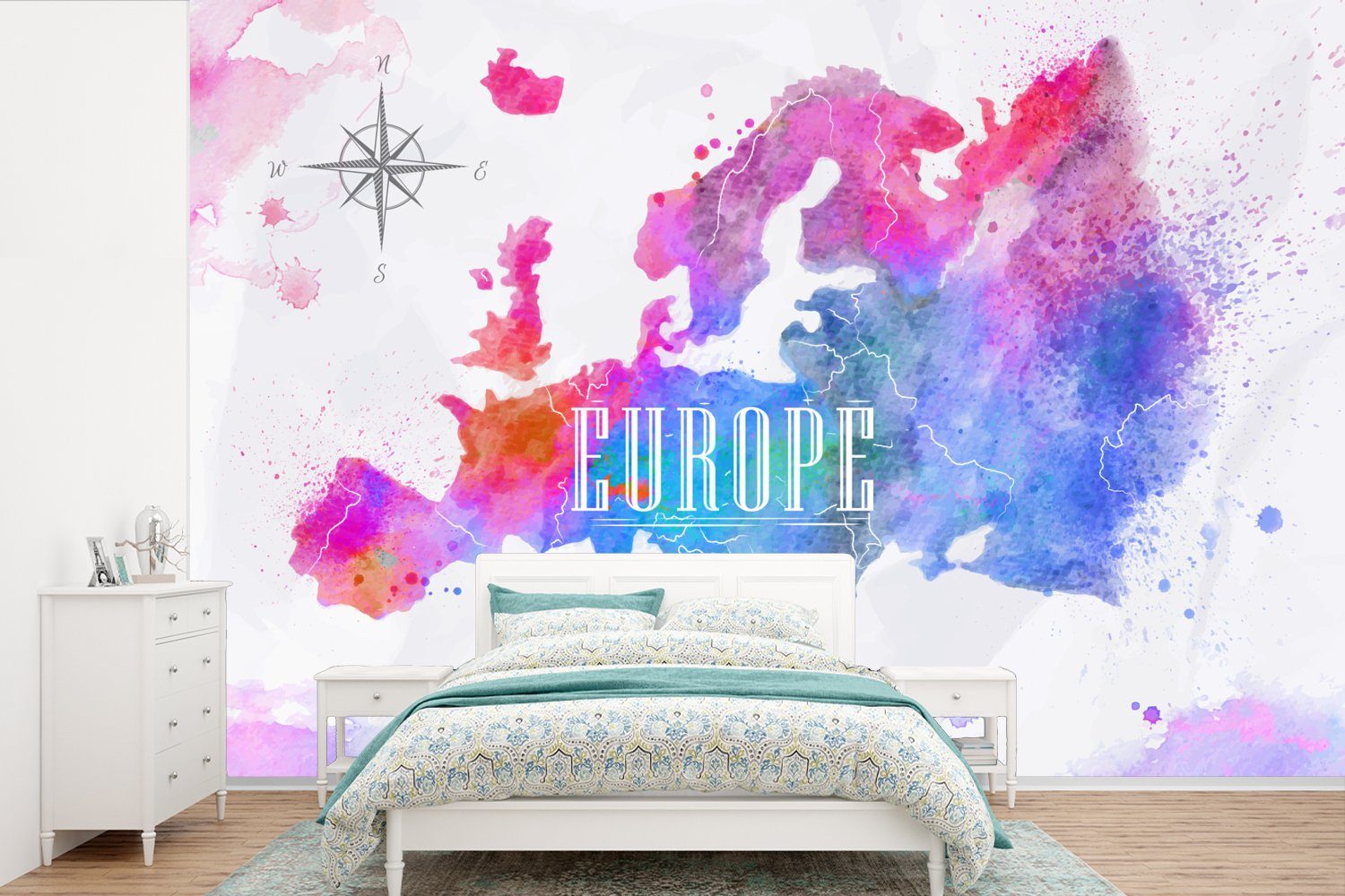 MuchoWow Fototapete Farben - Wasserfarben - Europa, Matt, bedruckt, (6 St), Wallpaper für Wohnzimmer, Schlafzimmer, Kinderzimmer, Vinyl Tapete