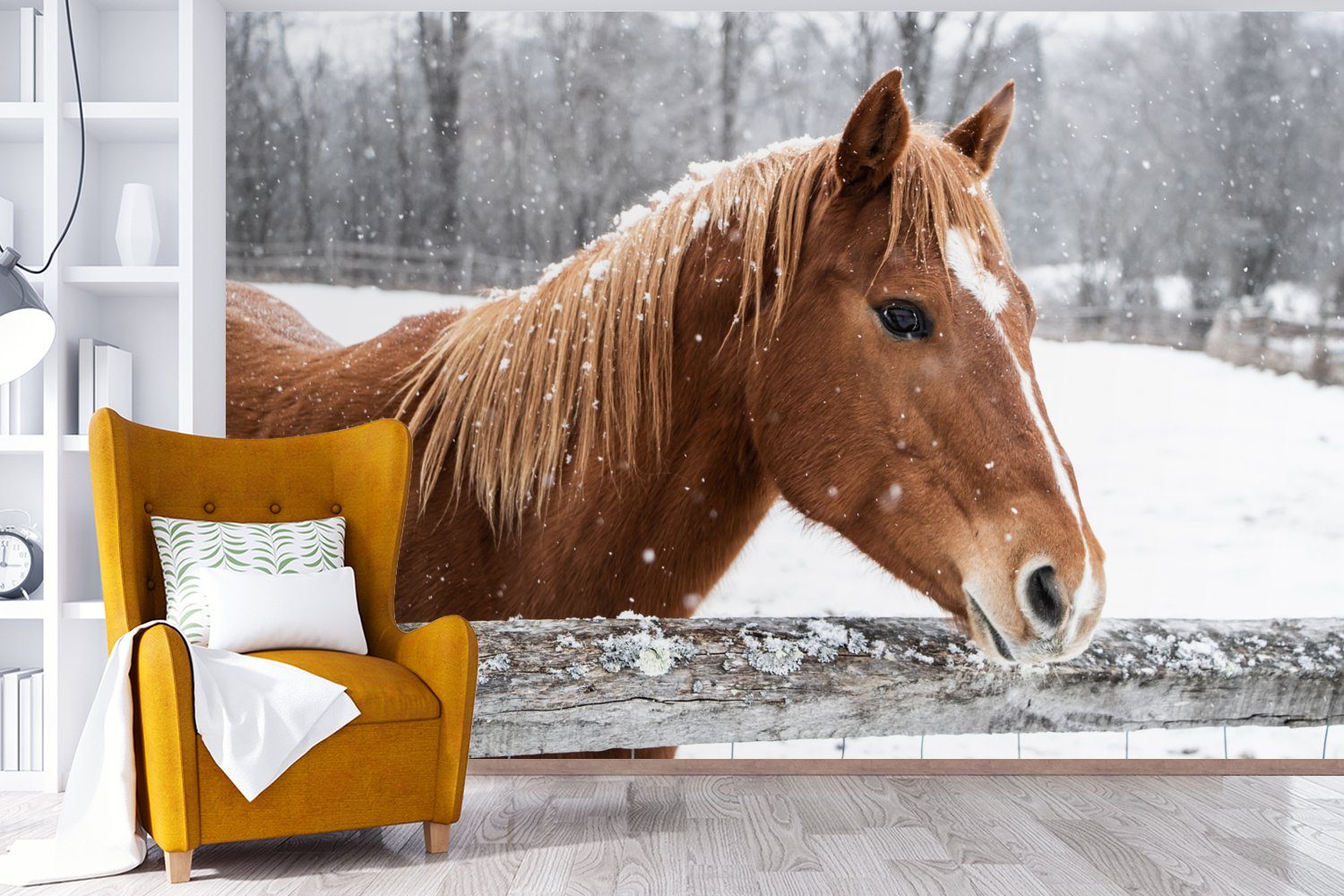 Pferd Matt, Wallpaper Fototapete bedruckt, St), (6 MuchoWow - - Wohnzimmer, - Kinderzimmer, Zaun für Schneeflocke Vinyl Schlafzimmer, Tapete Winter,
