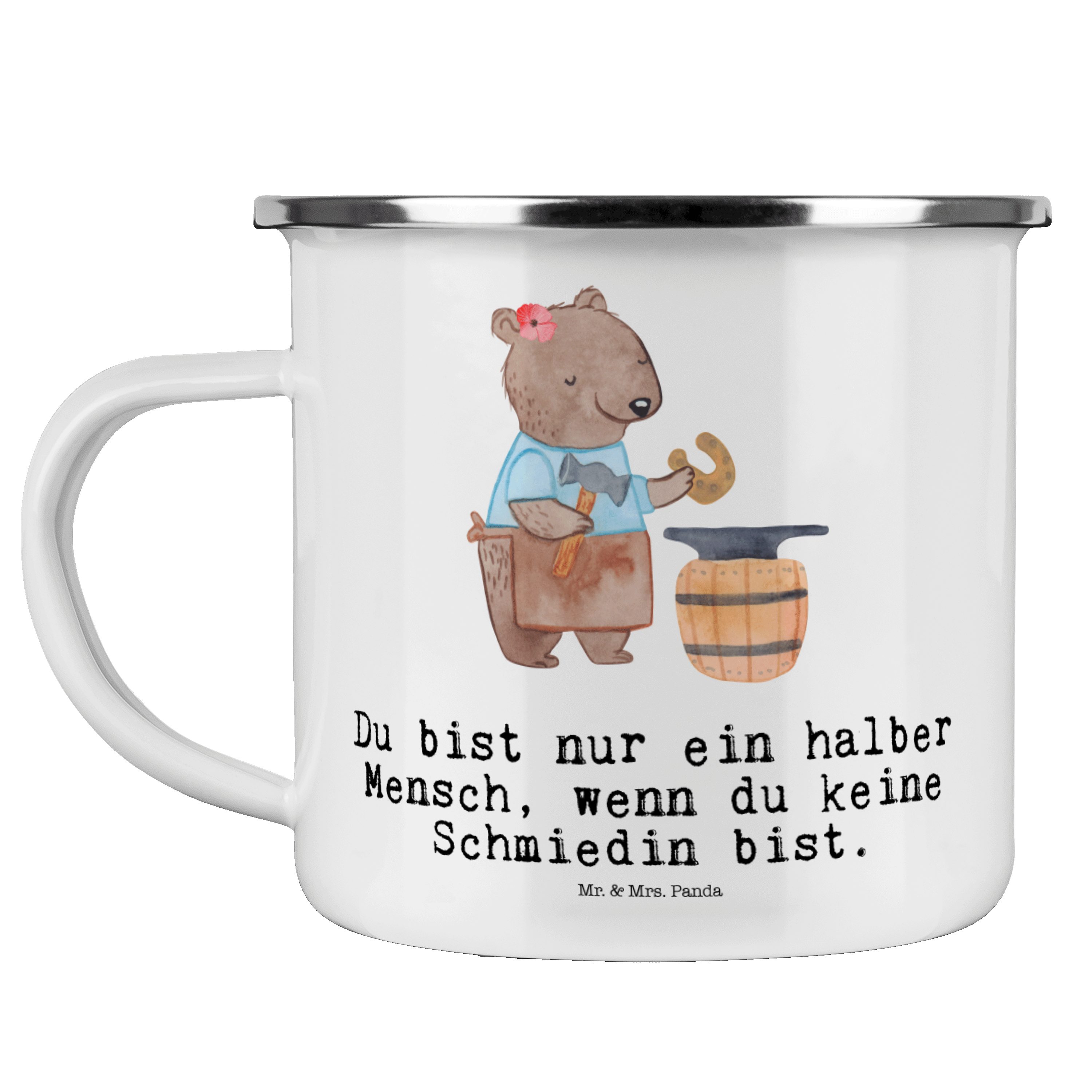 Mr. & Mrs. Panda Becher Schmiedin mit Herz - Weiß - Geschenk, Arbeitskollege, Edelstahl Trink, Emaille