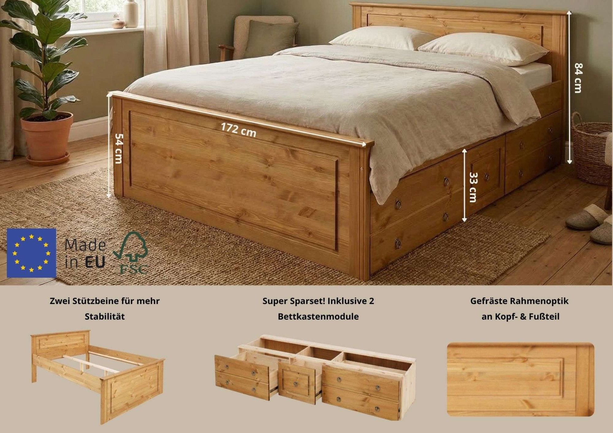 OTTO home Massivholzbett Hugo, FSC® zertifiziert, Landhausstil, zeitlos und edel (auch als Super Sparset inklusive Schubkästen), Stauraumbett, extra belastbar,  – Bild 2 von 5