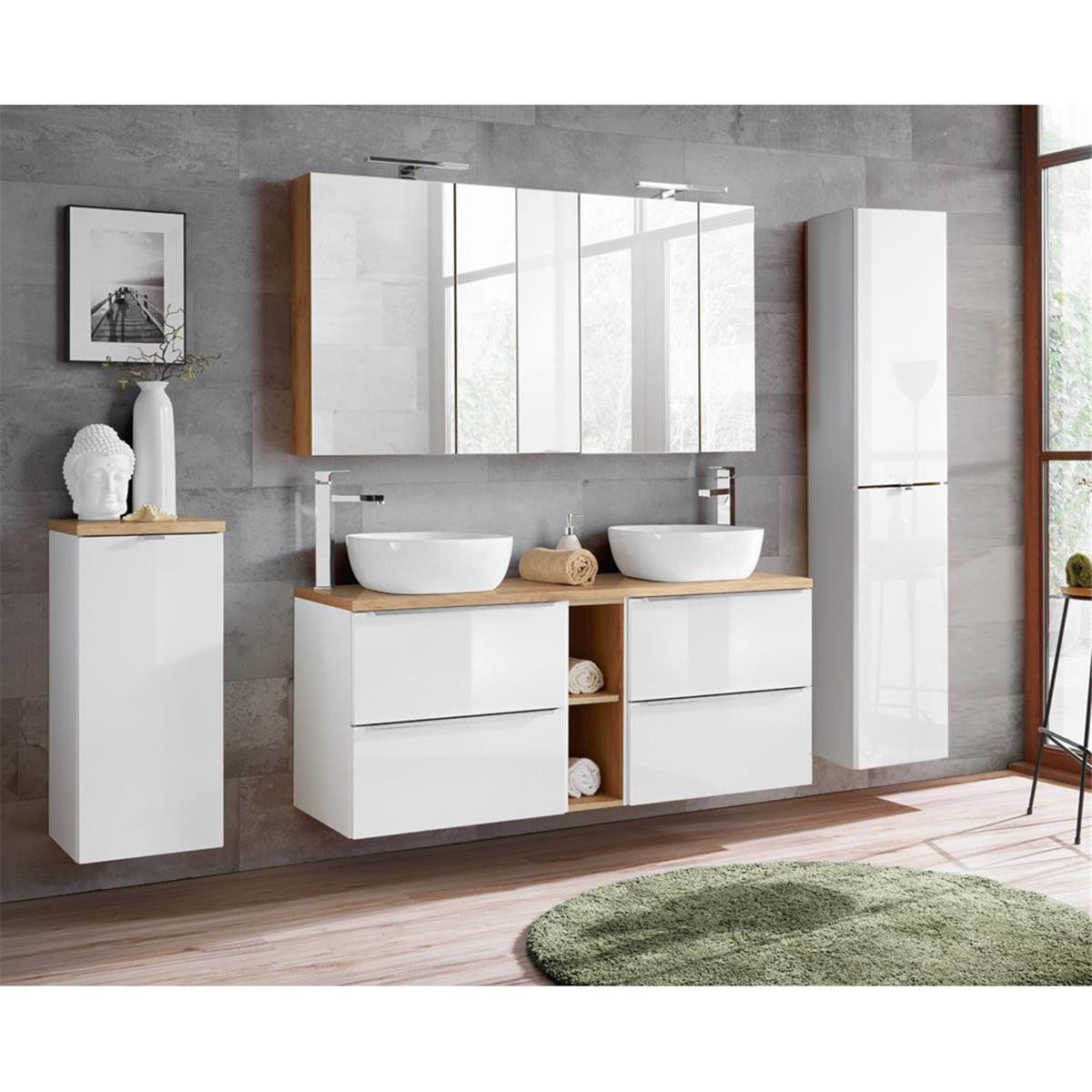 Lomadox Badmöbel-Set TOSKANA-56, (Spar-Set, 4-St), weiß & Wotaneiche 250/190/46cm