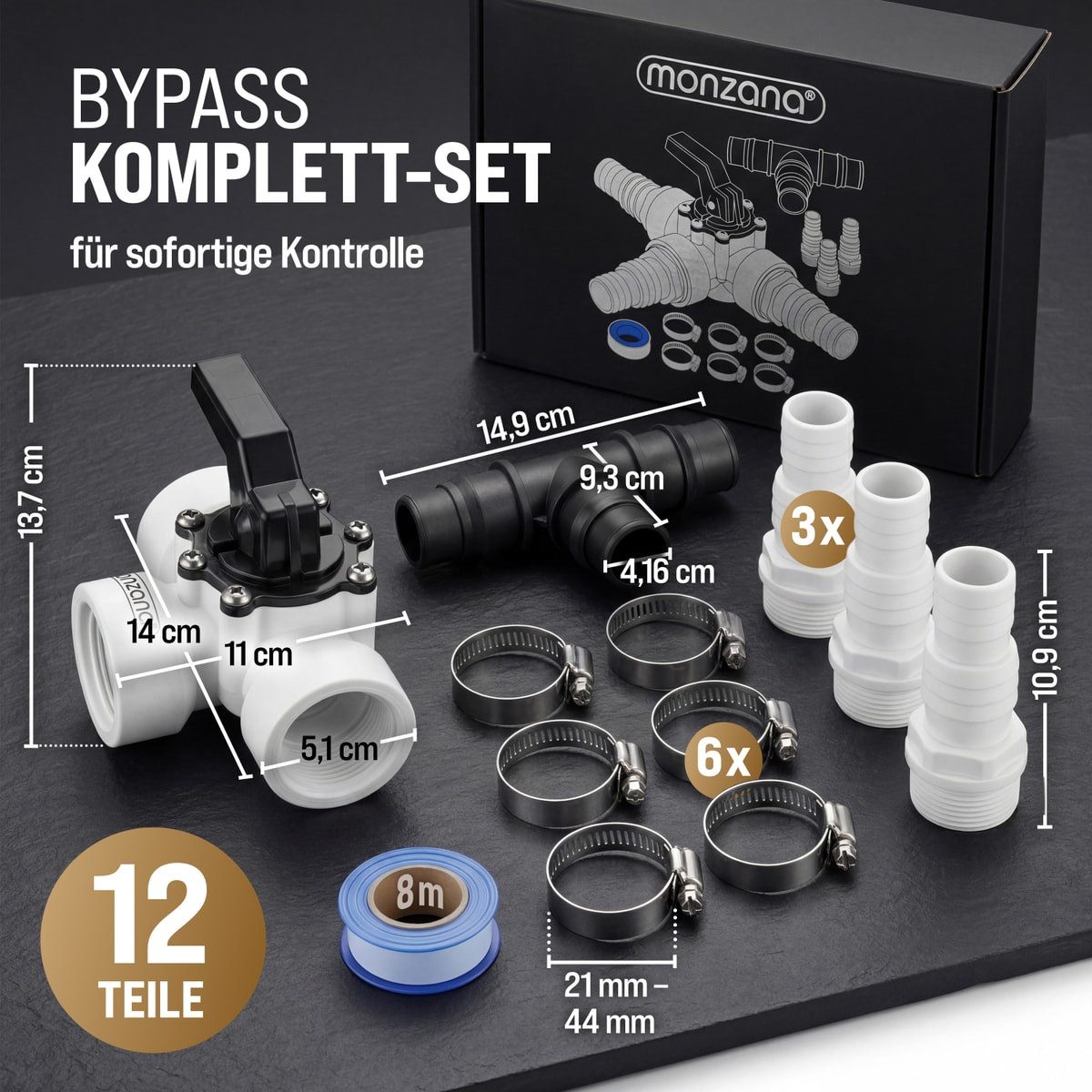 monzana Sandfilteranlage, Bypass-Set 12-teilig 3 Wege Ventil 3x Schlauchadapter Ø32/38mm