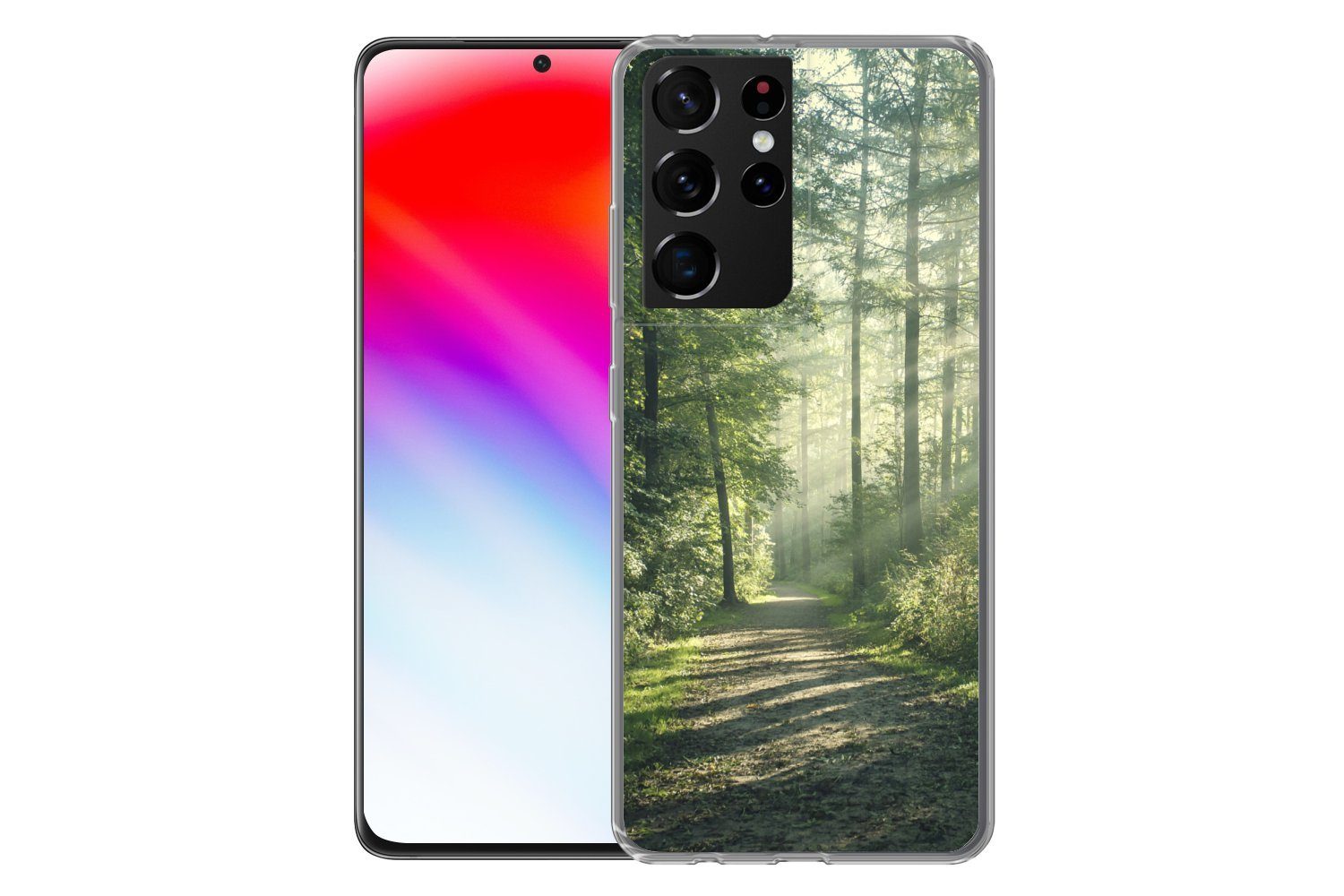 MuchoWow Handyhülle für Samsung Galaxy S21 Ultra Wald - Weg - Sonne - Bäume - Grün - Natur, Phone Case, Silikon, Schutzhülle Dünn