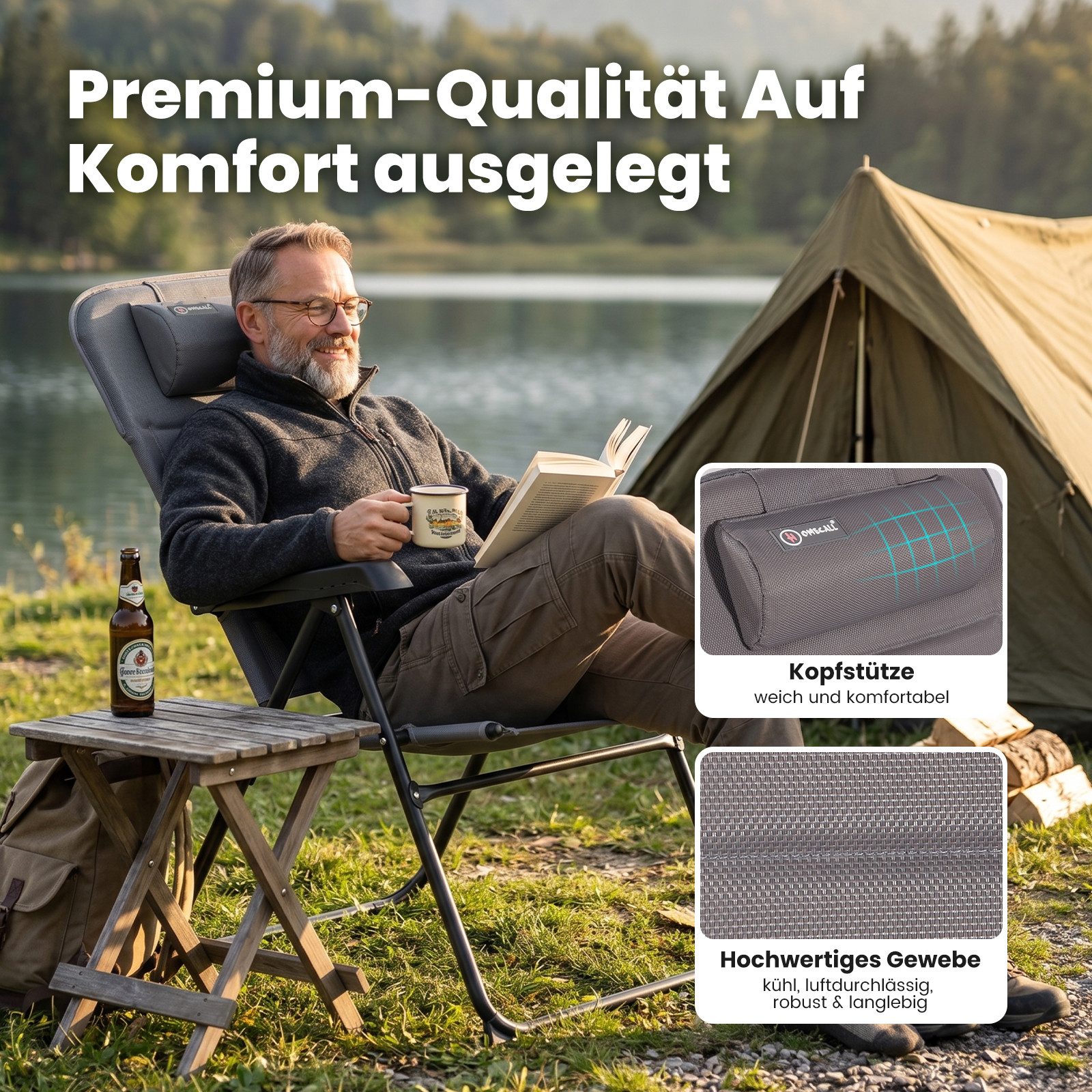 HOMECALL Campingstuhl Gartenstuhl Anglerstuhl Faltsessel Klappstuhl für Wohnwagen Outdoors (Textilene gepolstert mit Quick-Dry-Schaum, 1 St), 5 fach Verstellbar – Bild 4 von 5