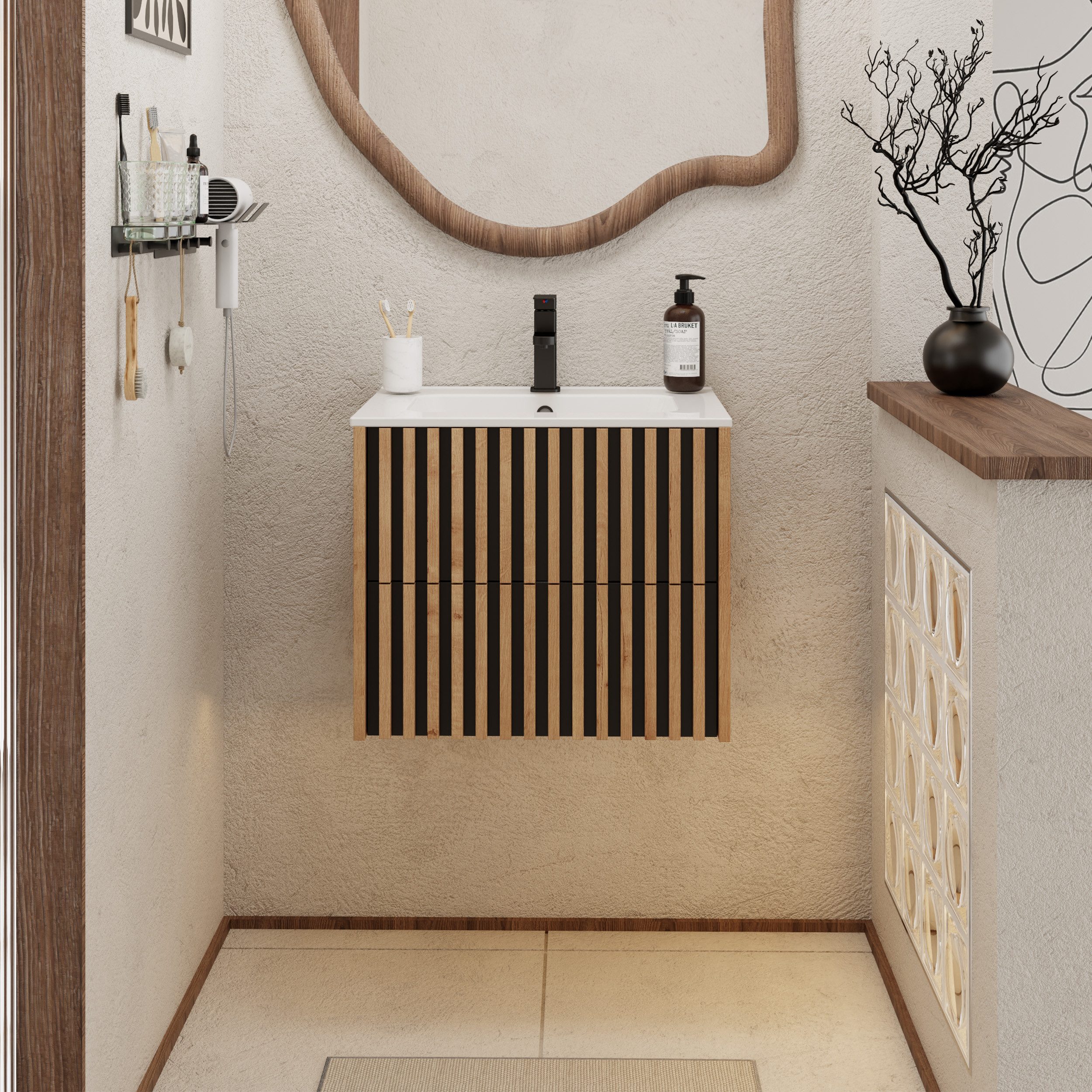 UEV Waschtisch Waschbecken mit Unterschrank set Badmöbel Gäste-WC (mit Wasserhahn und Pop-up-Ablassventil, Soft-close Schubladen,Waschbeckenunterschrank mit 2 S – Bild 4 von 5