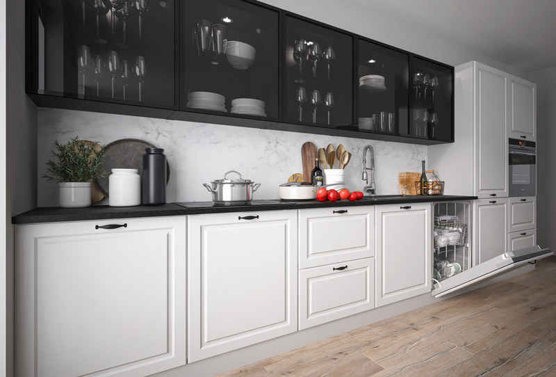 Feldmann-Wohnen Küchenzeile Elbing, 420cm grau matt/weiß + schwarz 12-teilig mit Vollauszug