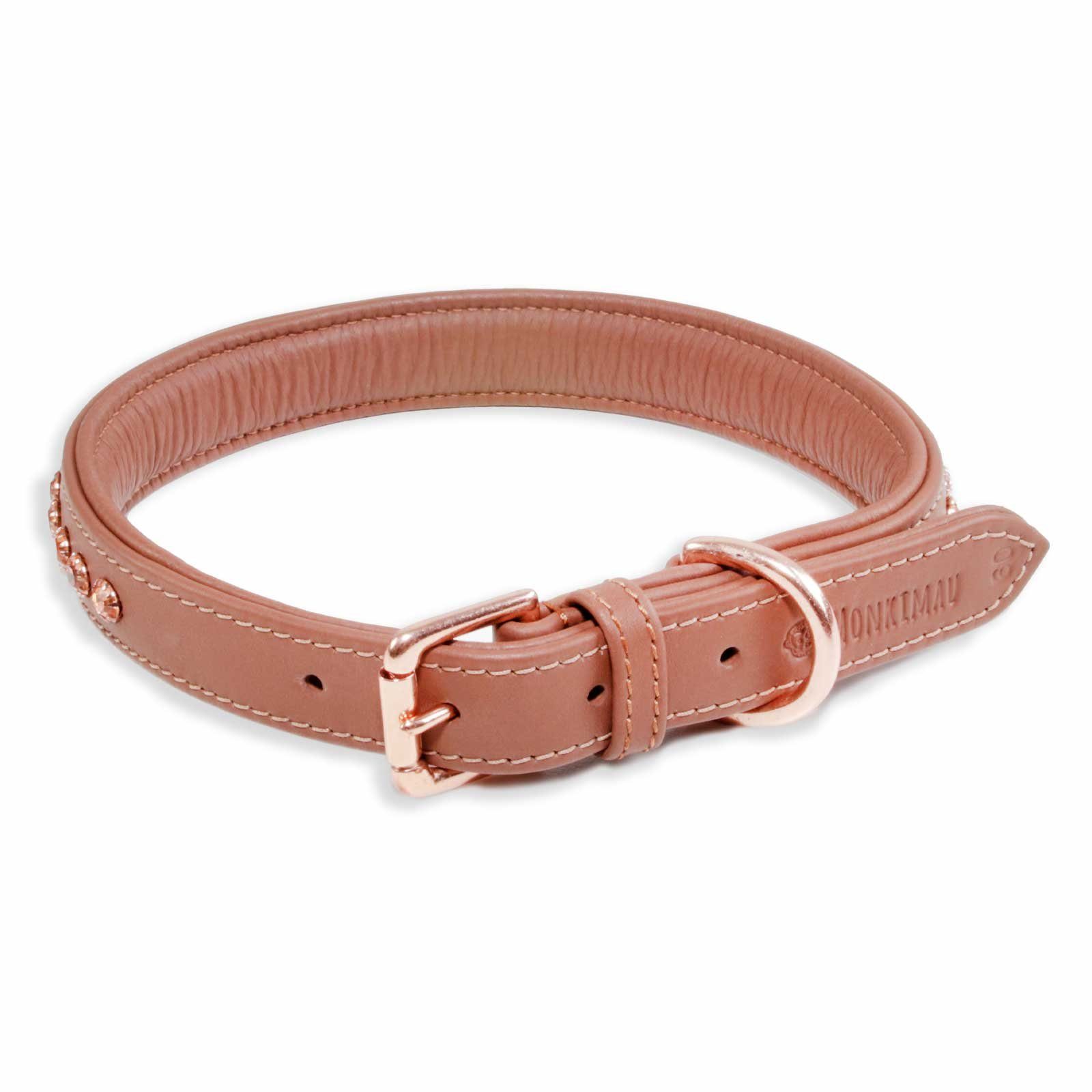 Monkimau Hunde-Halsband Hundehalsband Leder Halsband Hund braun gepolstert mit Kristallen S-XS, Leder