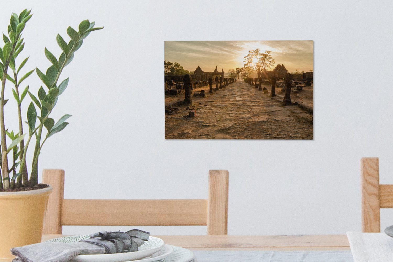 30x20 Ruinen Wat Laos, Leinwandbilder, (1 cm in Aufhängefertig, Phou den St), bei Wandbild Wanddeko, Sonnenaufgang des OneMillionCanvasses® Leinwandbild