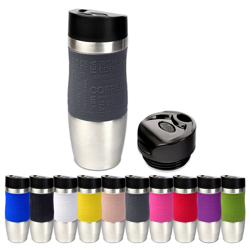 Schramm Glas Schramm® Thermobecher in 10 Farben inkl. Ersatzdeckel Isolierbecher ca. 400ml Thermoisolierbecher Kaffeebecher Travel Mug Reisebecher BPA-frei Coffee to go Becher grau