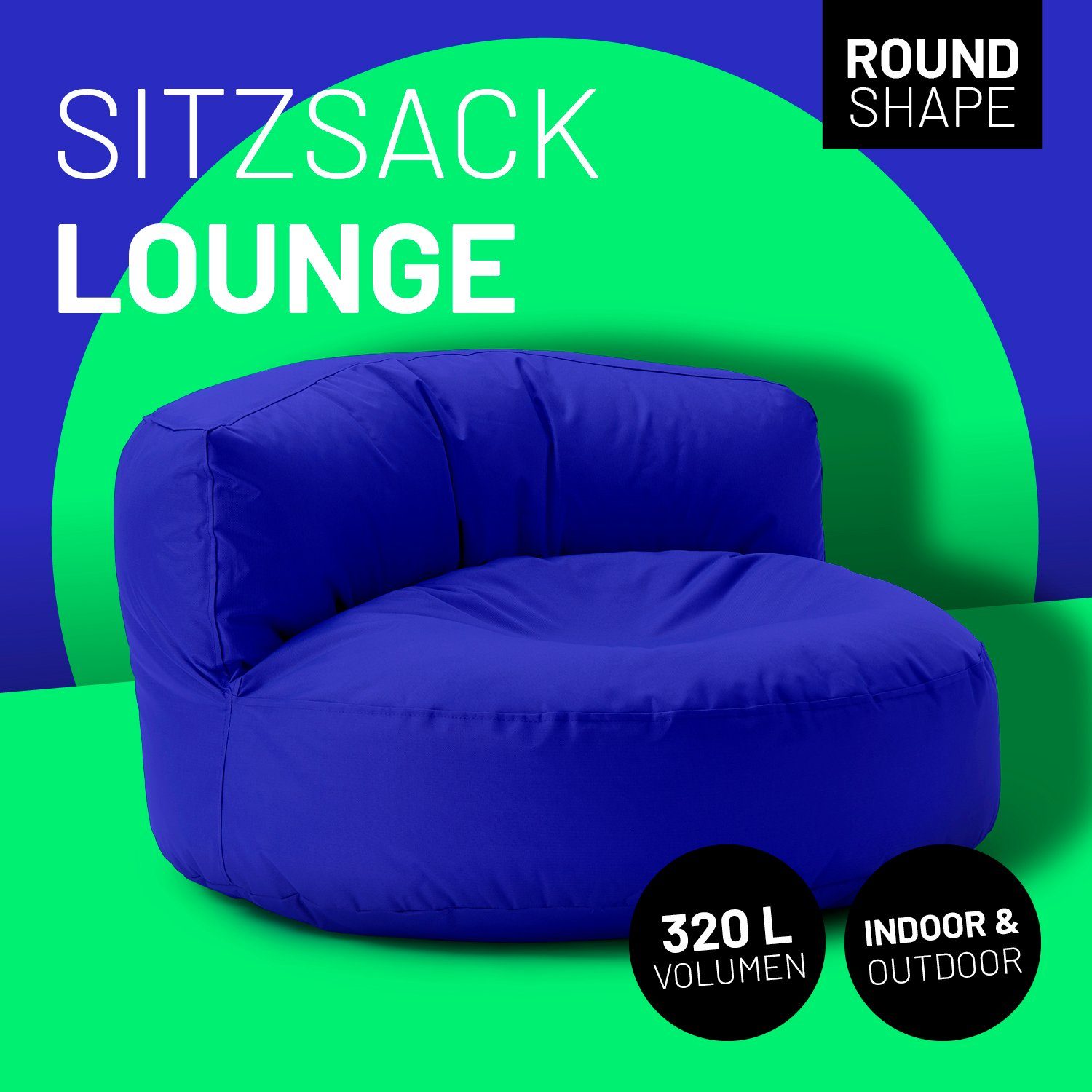 Lumaland Sitzsack Round Outdoor Bag inkl. Sitzkissen 90x90x50cm Rückenlehne In-& Lounge, royalblau Couch Bean Sofa