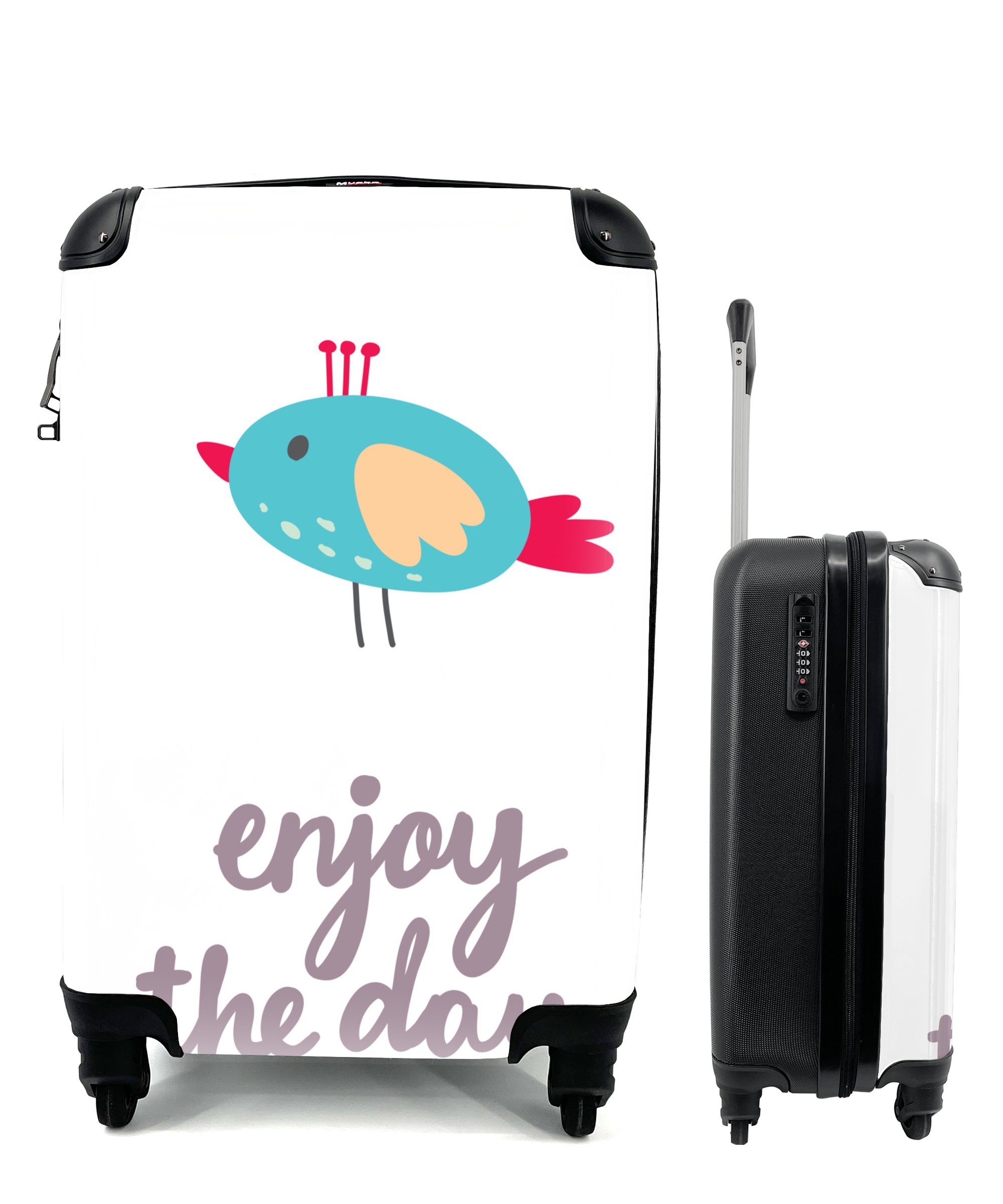 MuchoWow Handgepäckkoffer Illustration mit dem Zitat "Enjoy the day" und einem blauen Vogel, 4 Rollen, Reisetasche mit rollen, Handgepäck für Ferien, Trolley, Reisekoffer
